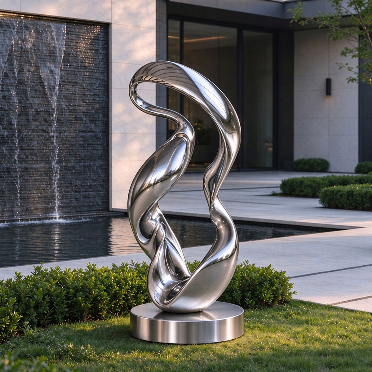 Modern stainless steel loop sculpture displayed in a luxury garden setting with a sleek mirror finish. The fluid abstract form enhances contemporary architecture and landscape design.