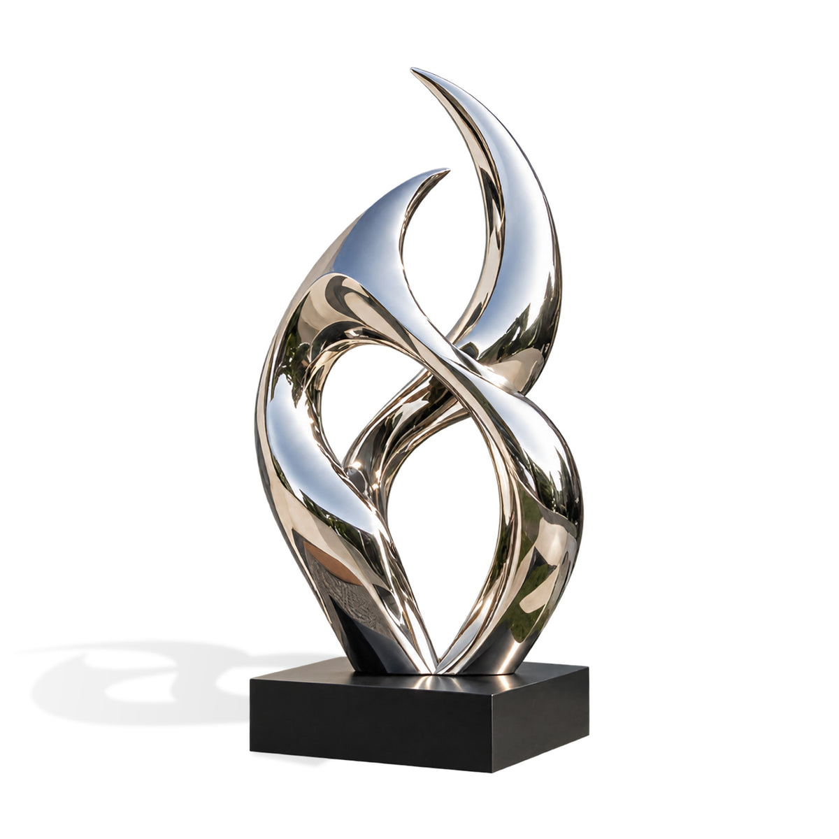 Abstract mirrored stainless steel lawn sculpture featuring interwoven curved metal bands and a polished silver finish on a white background