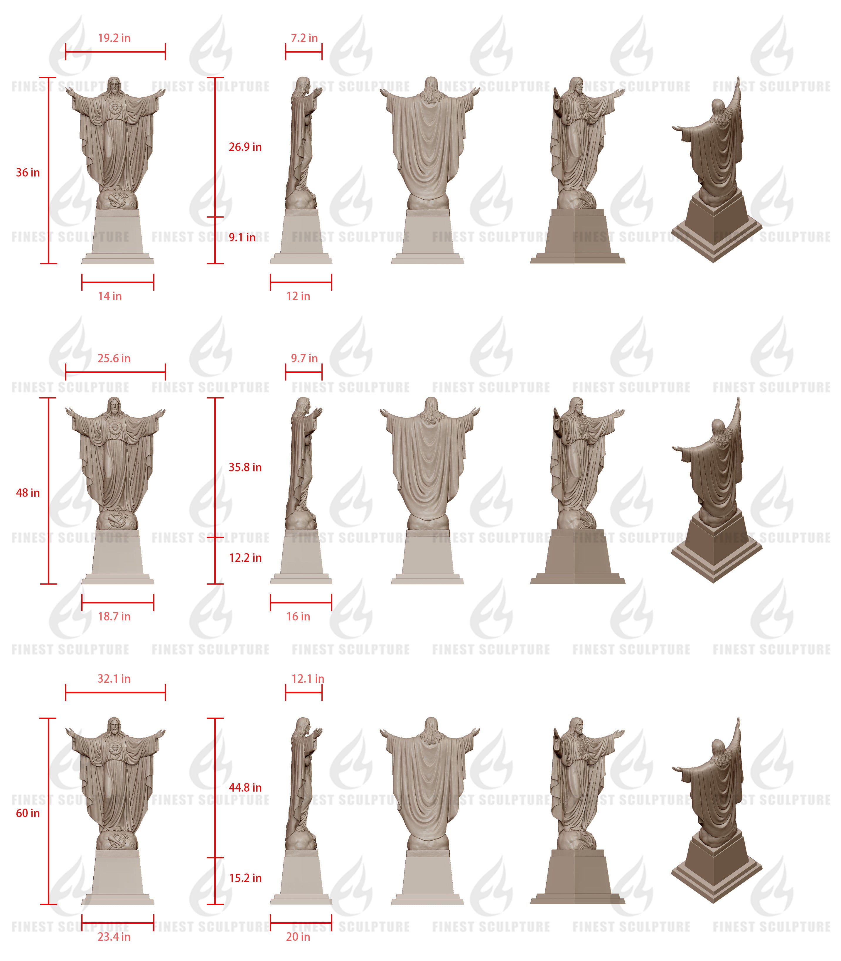 Set of statues with dimensions labeled on a white background