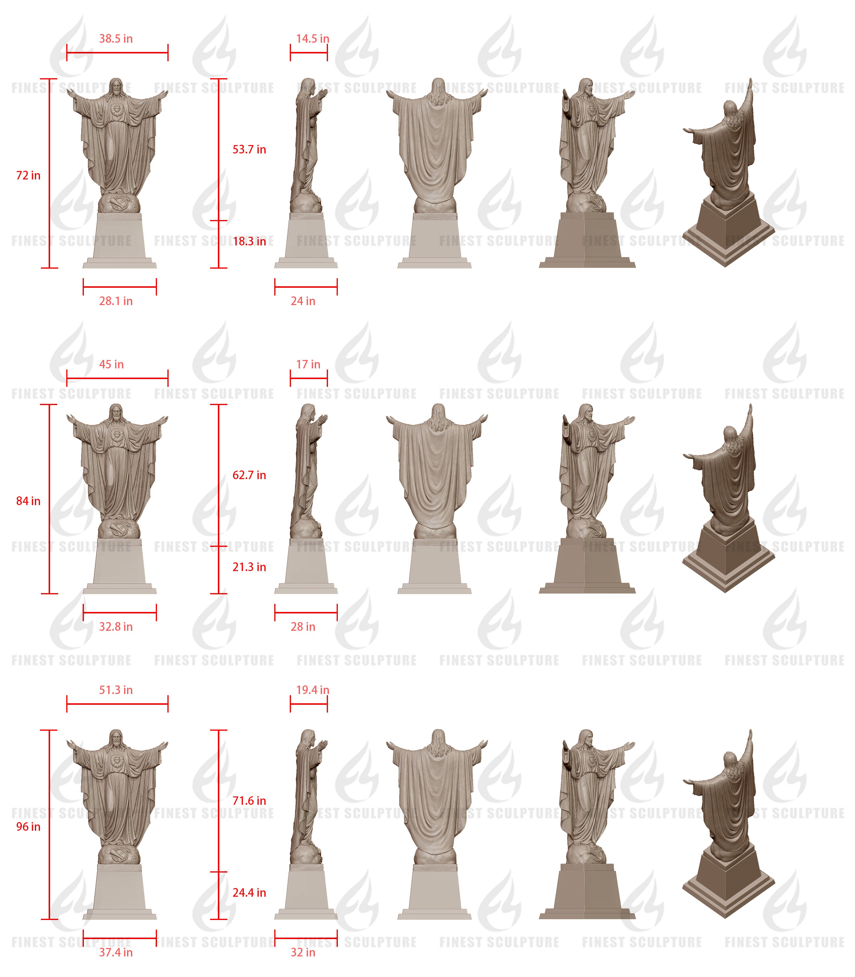Set of statues with dimensions labeled on a white background