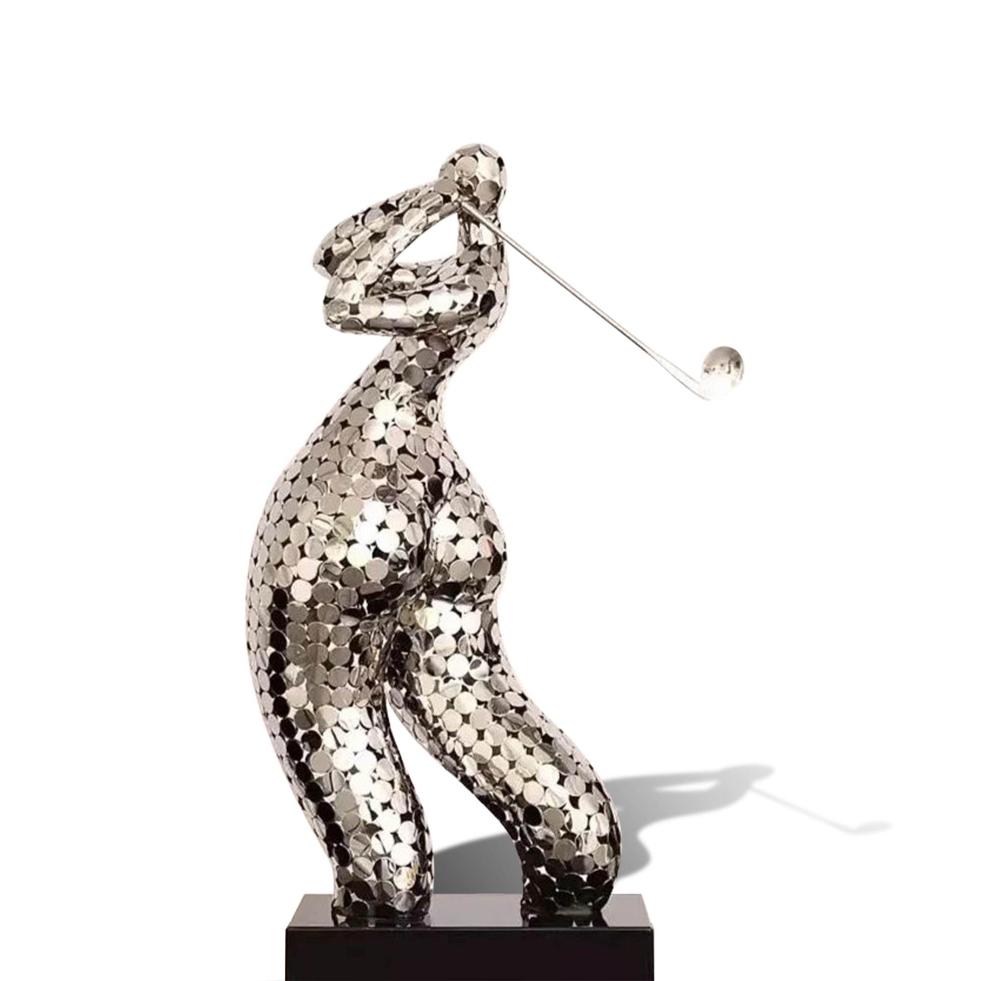 stainless steel sculpture of a figure on a white background