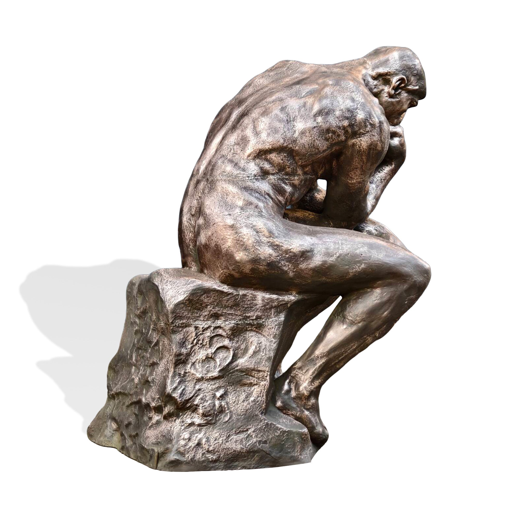 Back view of The Thinker bronze sculpture replica, showing sculpted back and shoulder details, classic Rodin-inspired artwork on rock base.