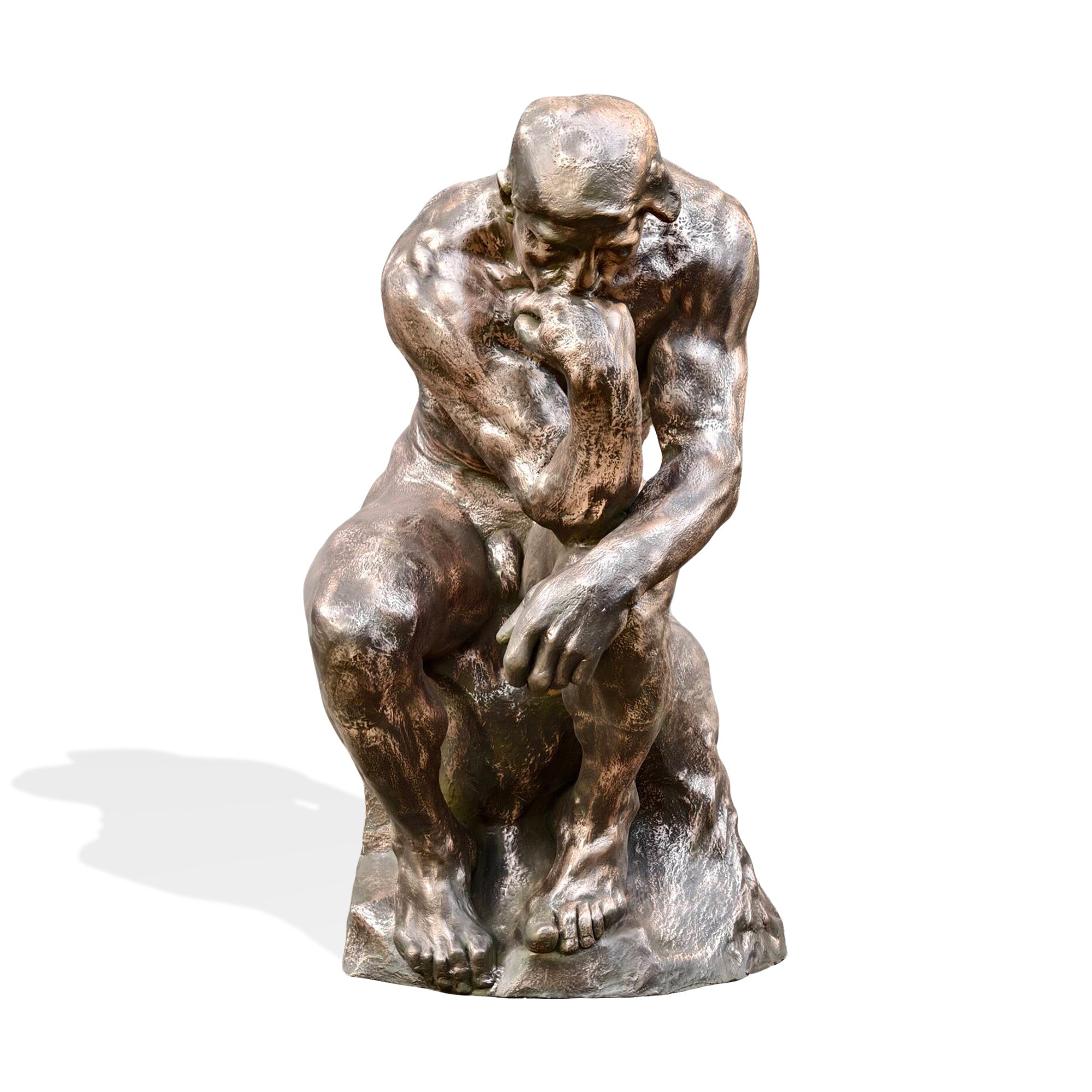 Front view of The Thinker bronze sculpture replica in Rodin style, museum-inspired seated nude figure on rock base.