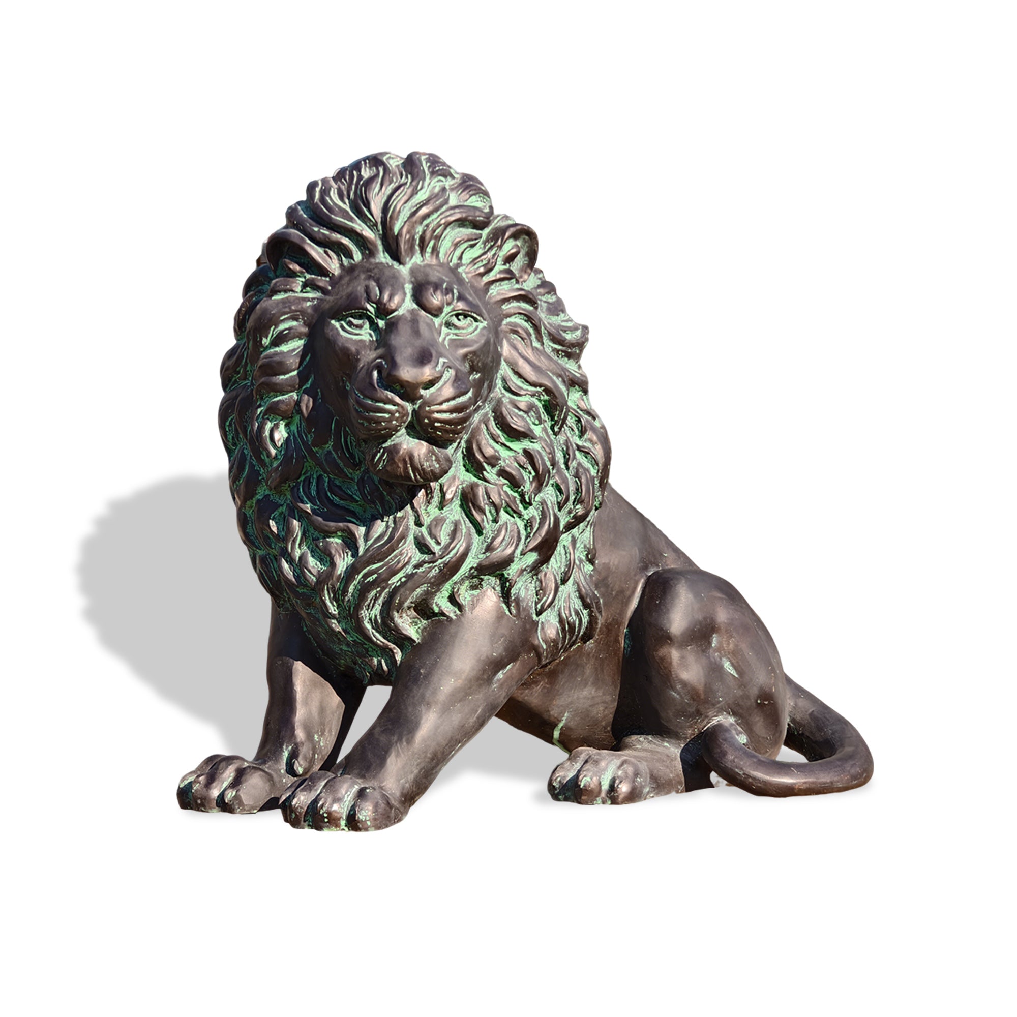 Front view of a bronze lion sculpture showcasing its majestic mane and expression.