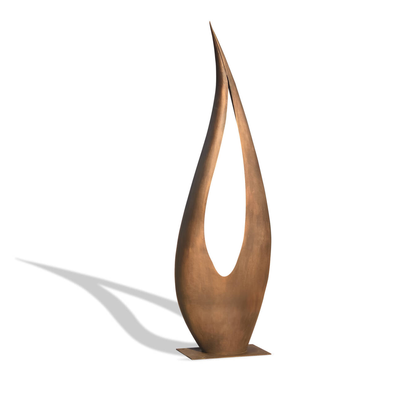 A modern bronze sculpture shaped like a dynamic flame, set on a square fixing plate, with a minimalist white background.