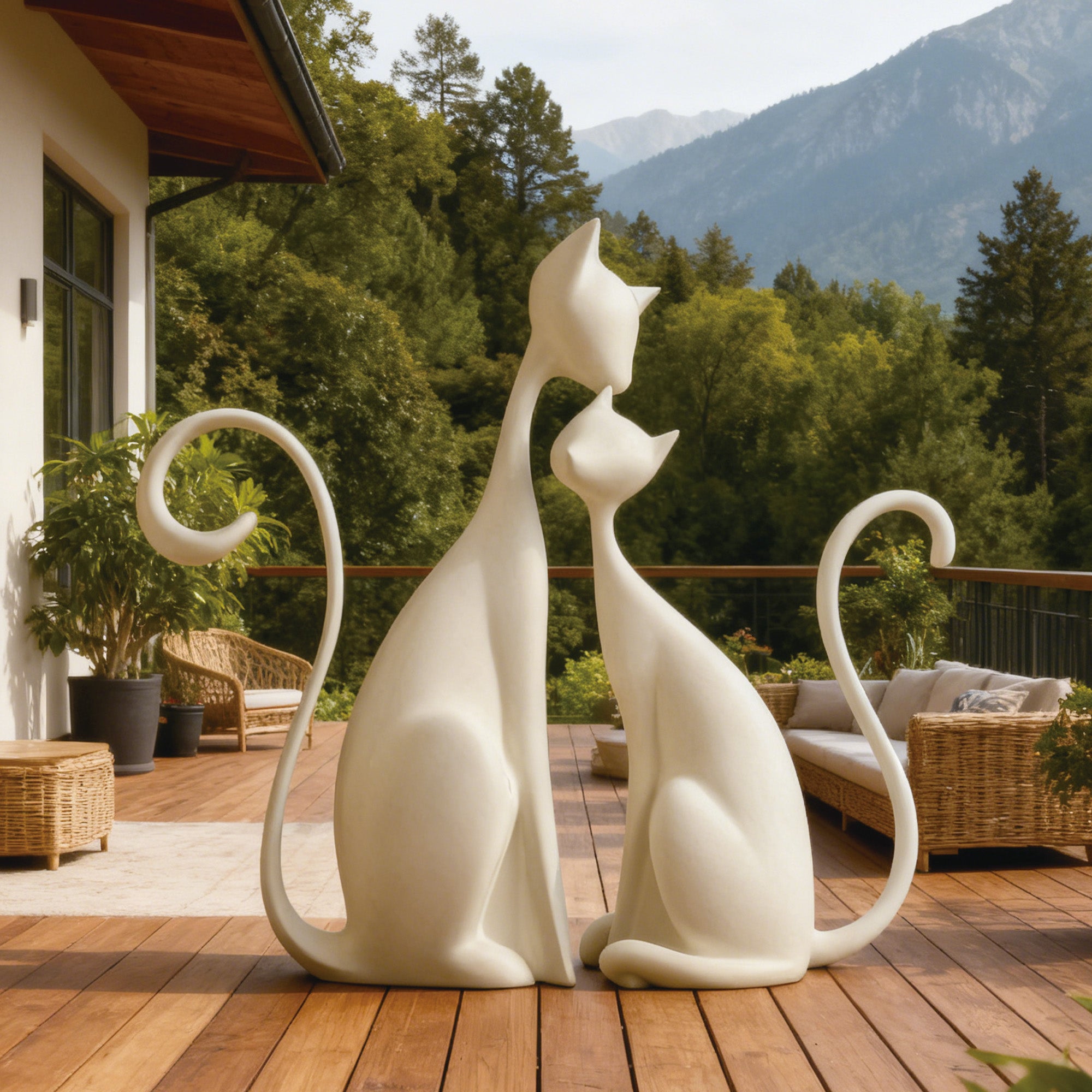 Modern abstract “Soulmate Cats” bronze sculpture displayed on a wooden terrace with mountain view, romantic outdoor cat art for luxury gardens and home décor.