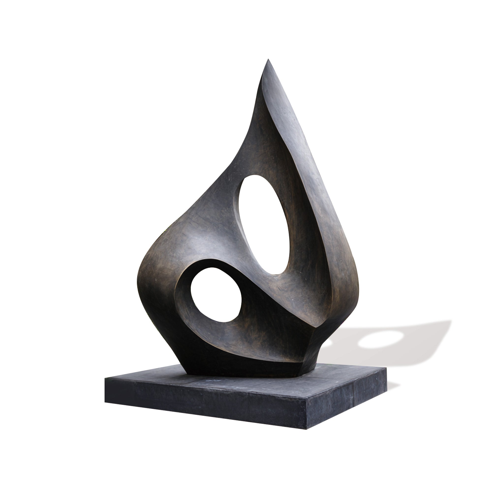 Modern bronze abstract sculpture with flowing curves and large open spaces, ideal for luxury homes and art installations in outdoor spaces