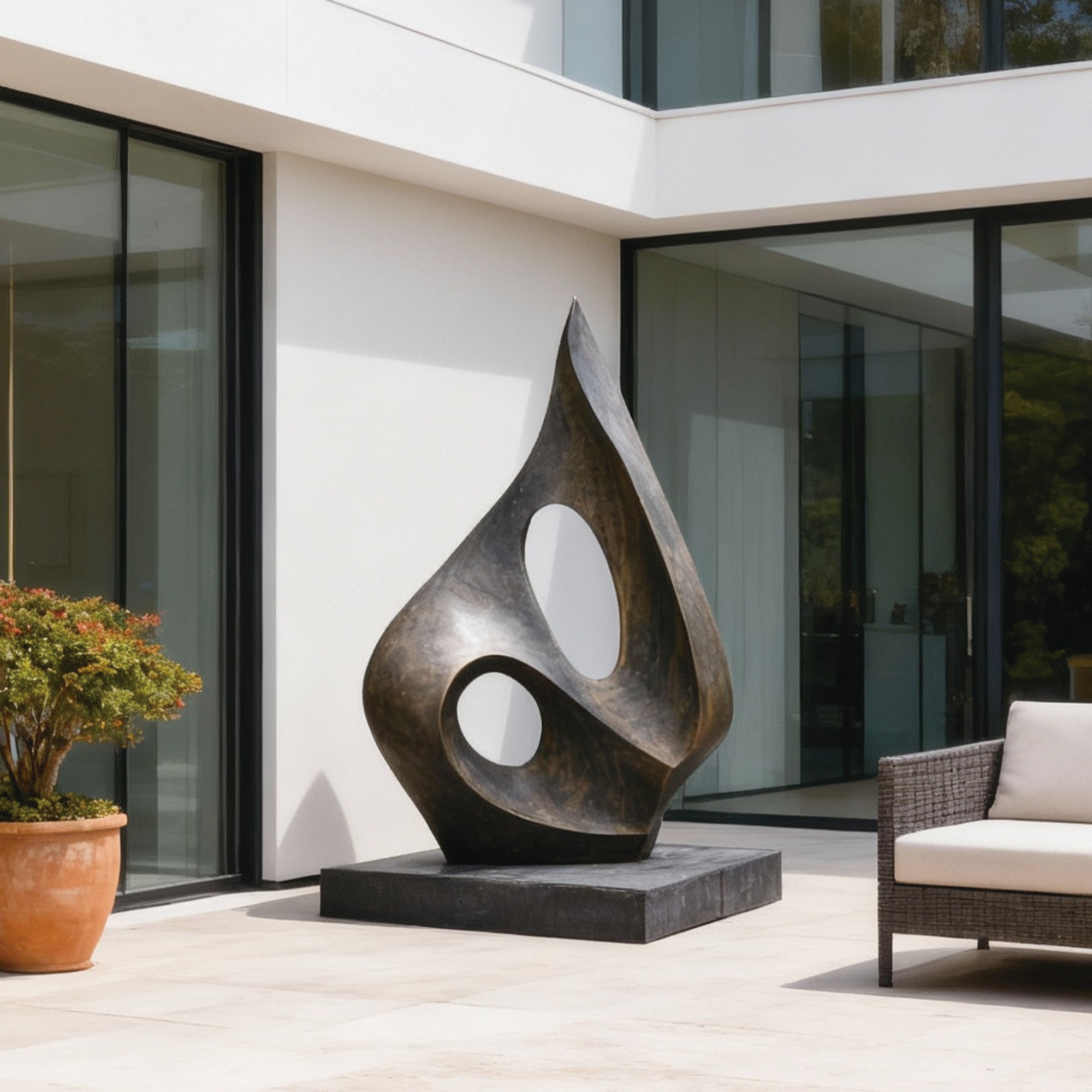 Sophisticated abstract bronze sculpture displayed in a contemporary outdoor courtyard, blending modern art with architectural elegance