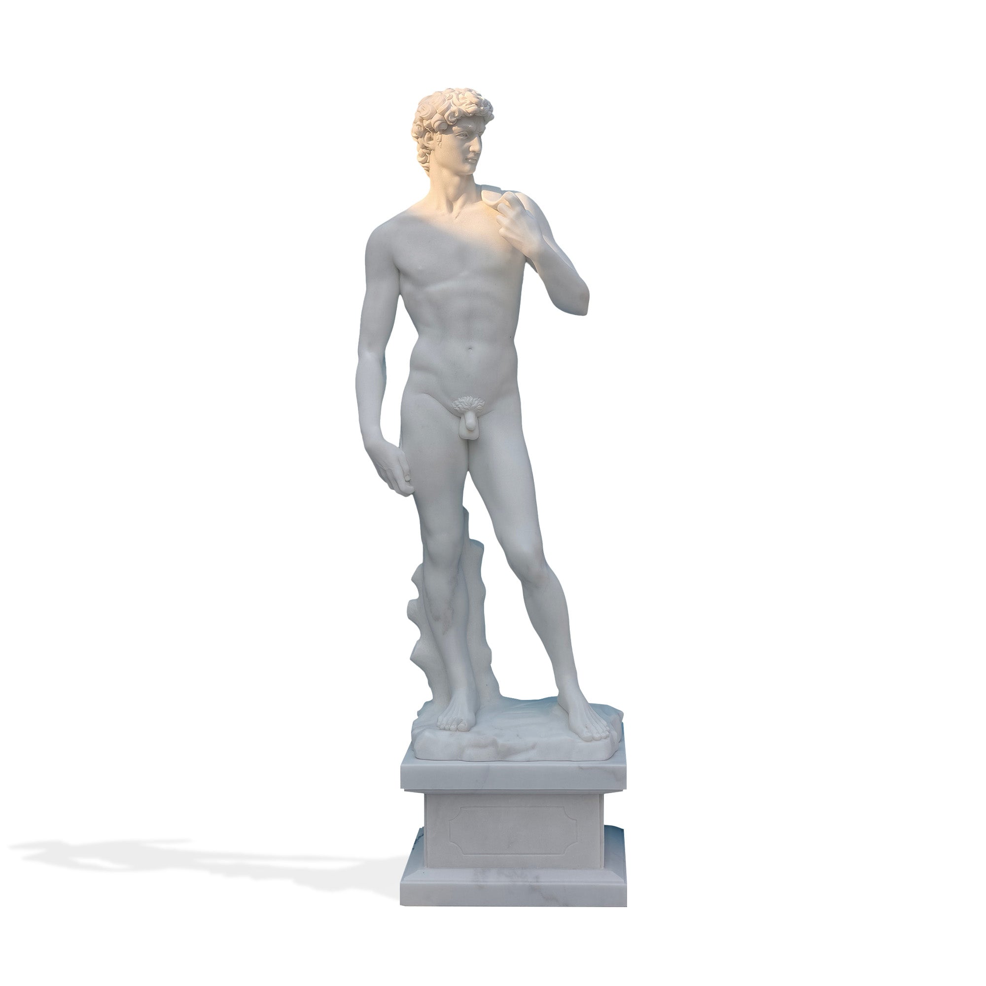 Front view of marble David statue replica on pedestal, classical Renaissance-style nude male figure sculpture for luxury interiors and gardens.