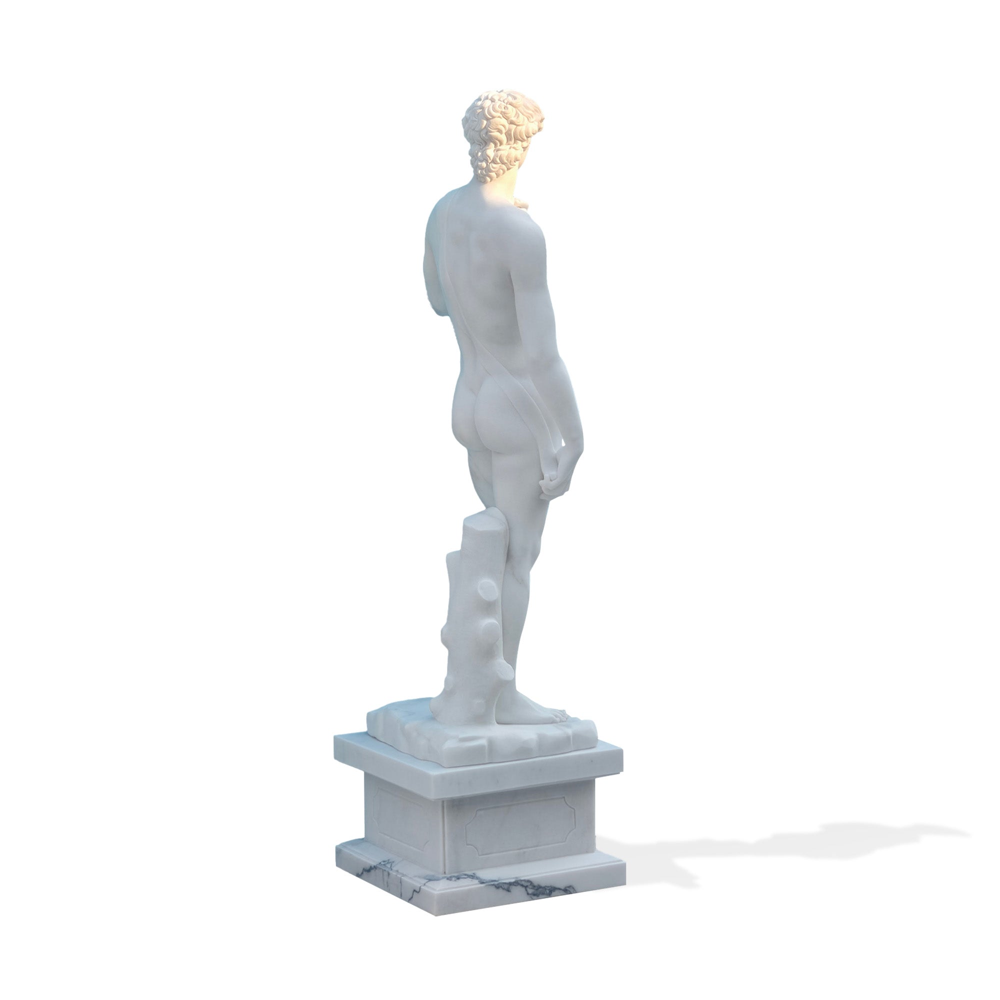 Rear angled view of marble David statue replica, classic Renaissance-inspired figure sculpture on pedestal for upscale indoor or outdoor display.