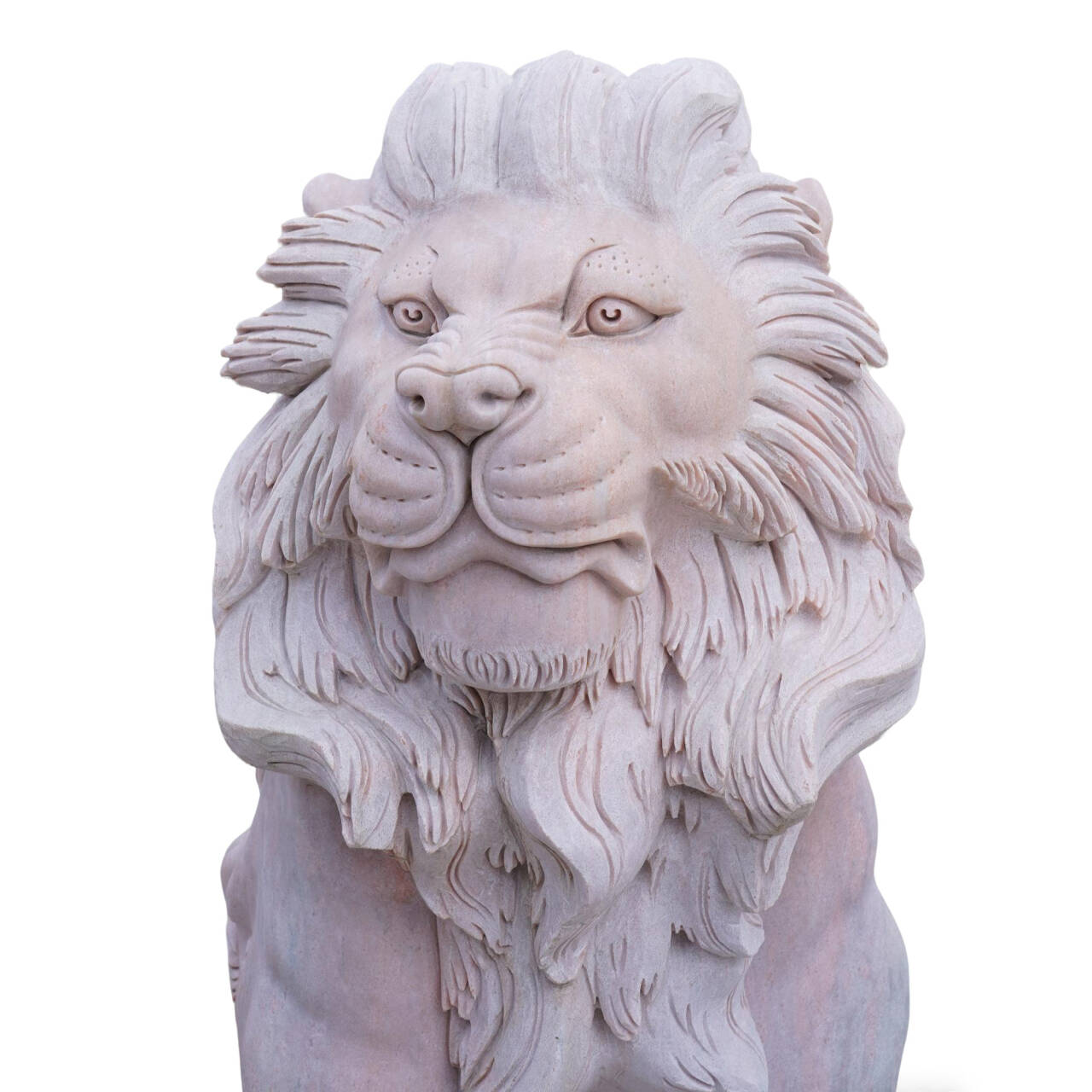 Majestic marble lion sculpture at the entrance of a luxury home, ideal for grand front yard decor, luxury estate sculptures, and elegant outdoor art installations.