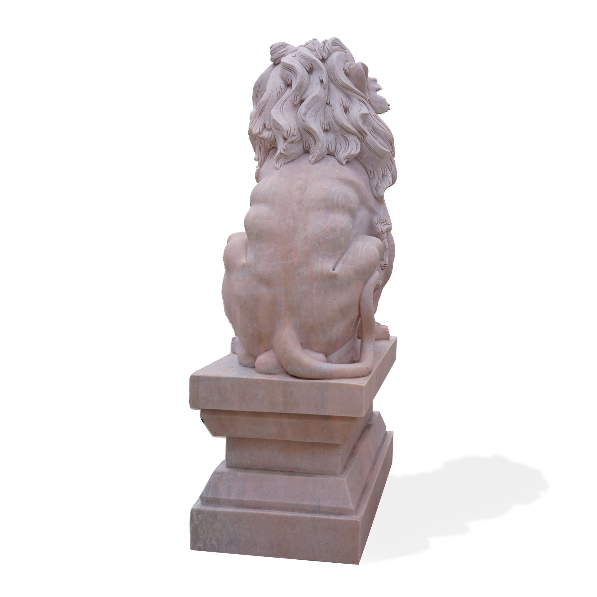 Rear view of a marble lion sculpture with intricate mane details, perfect for outdoor garden decor, luxury landscape installations, and royal estate aesthetics.