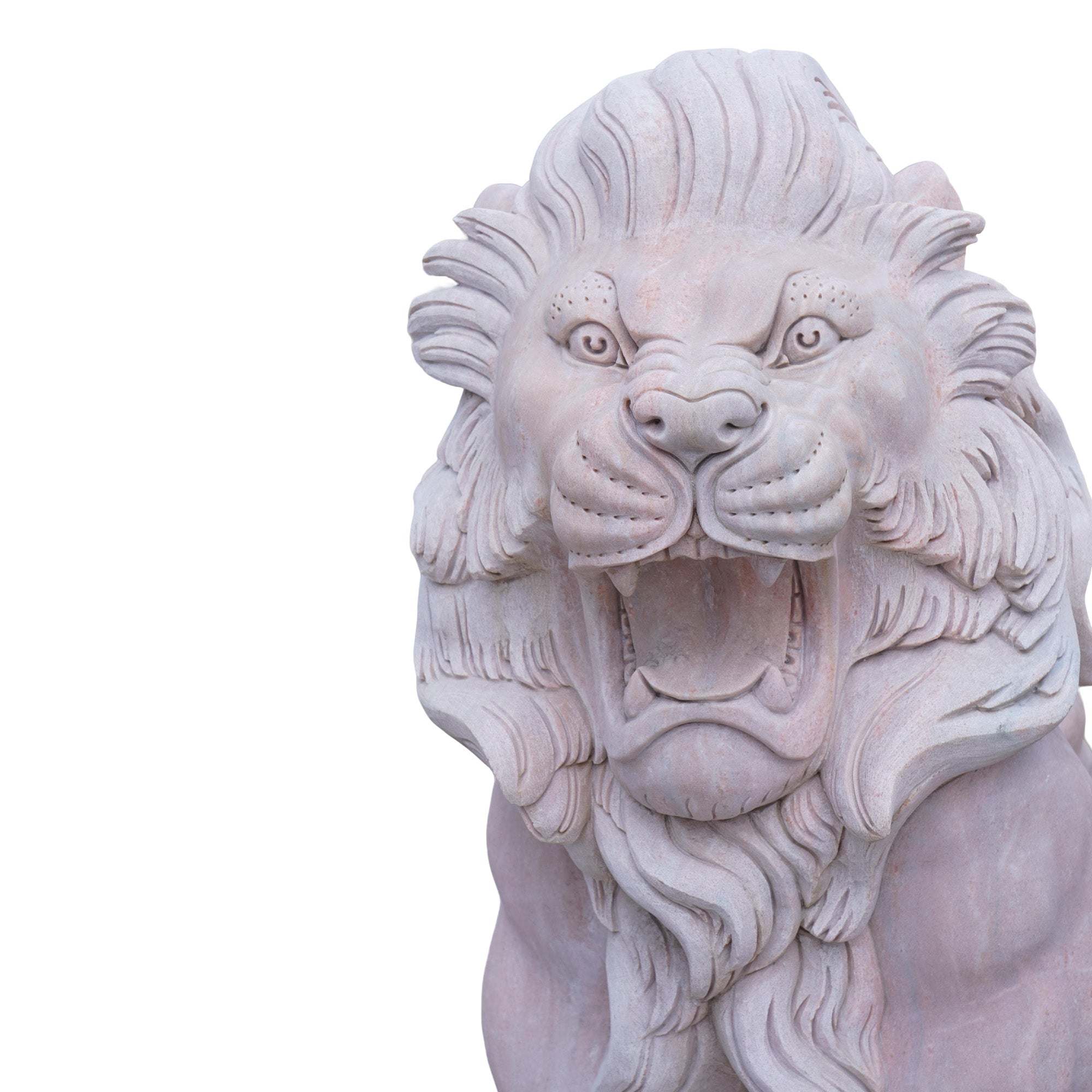 Close-up view of the lion's head, capturing the majestic expression, flowing mane, and fine carving details in pink marble.