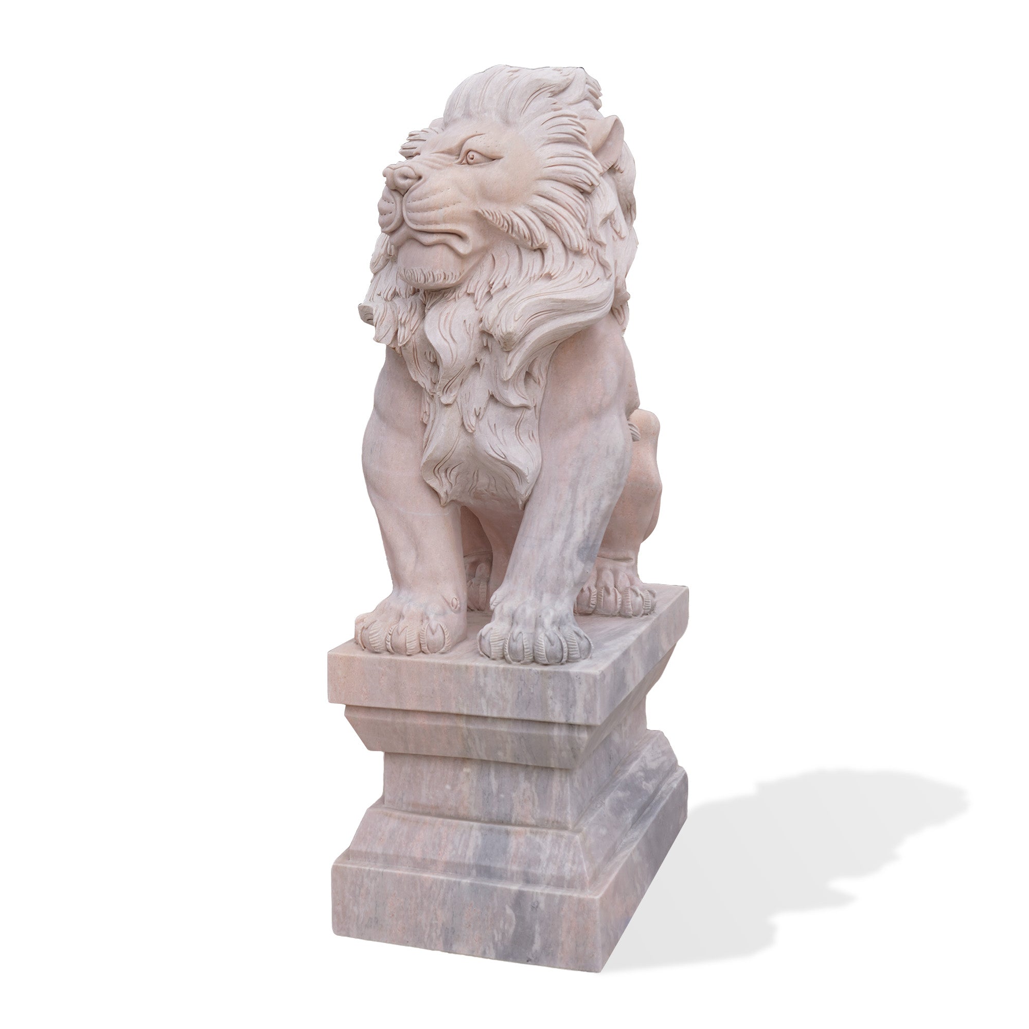Side view of a marble lion sculpture, capturing the majesty and power, ideal for luxury estate decoration, garden sculptures, and front yard enhancements.