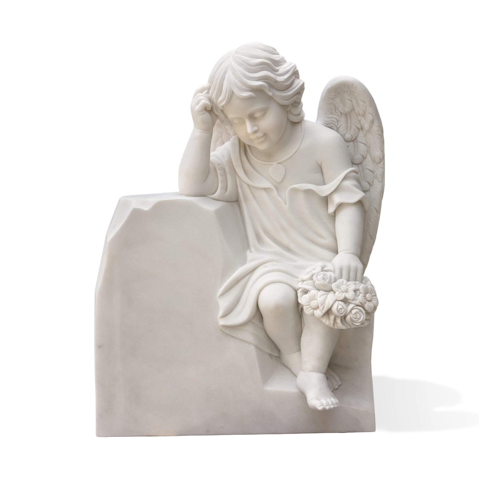 Peaceful cherub angel sculpture in white marble, symbolizing remembrance and protection in cemetery settings