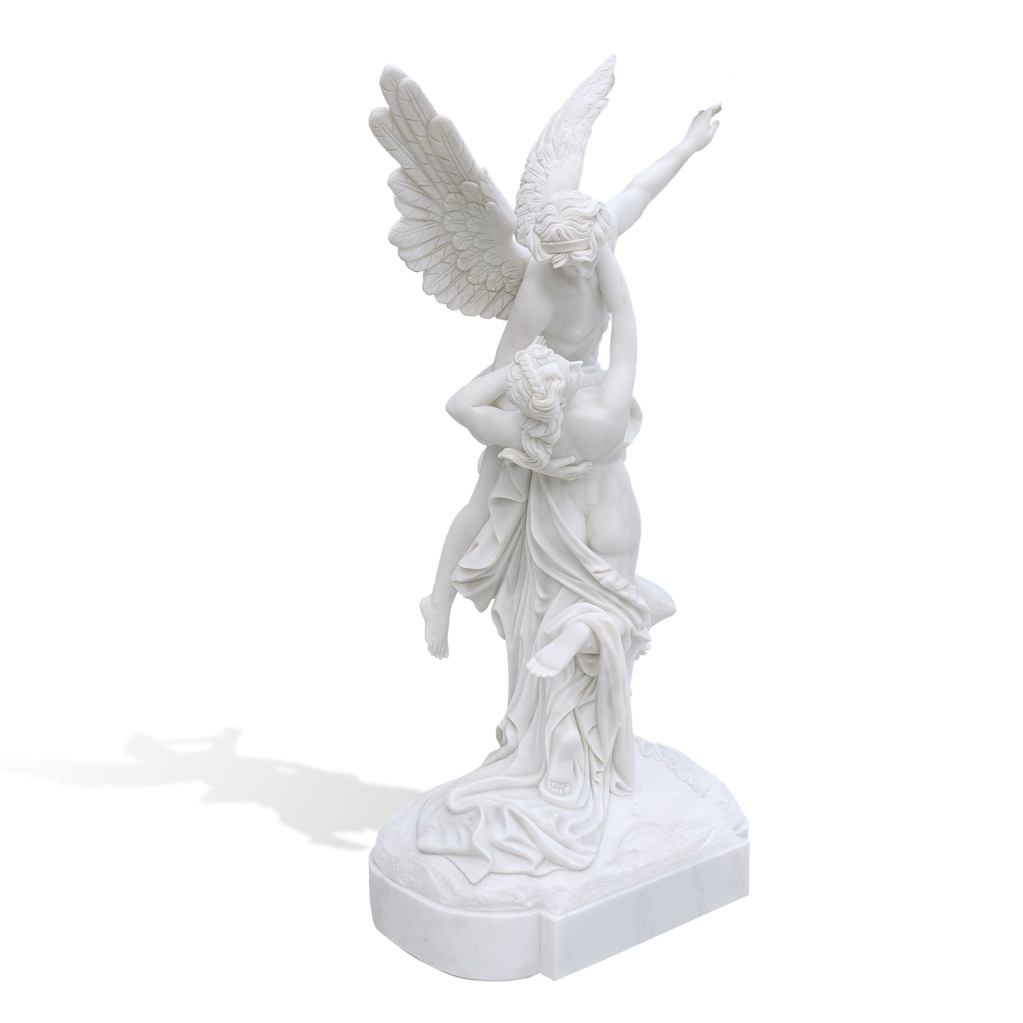 Angled view of the white marble Cupid and Psyche statue, showing Cupid’s carved wings and the flowing drapery supporting the lifted pose