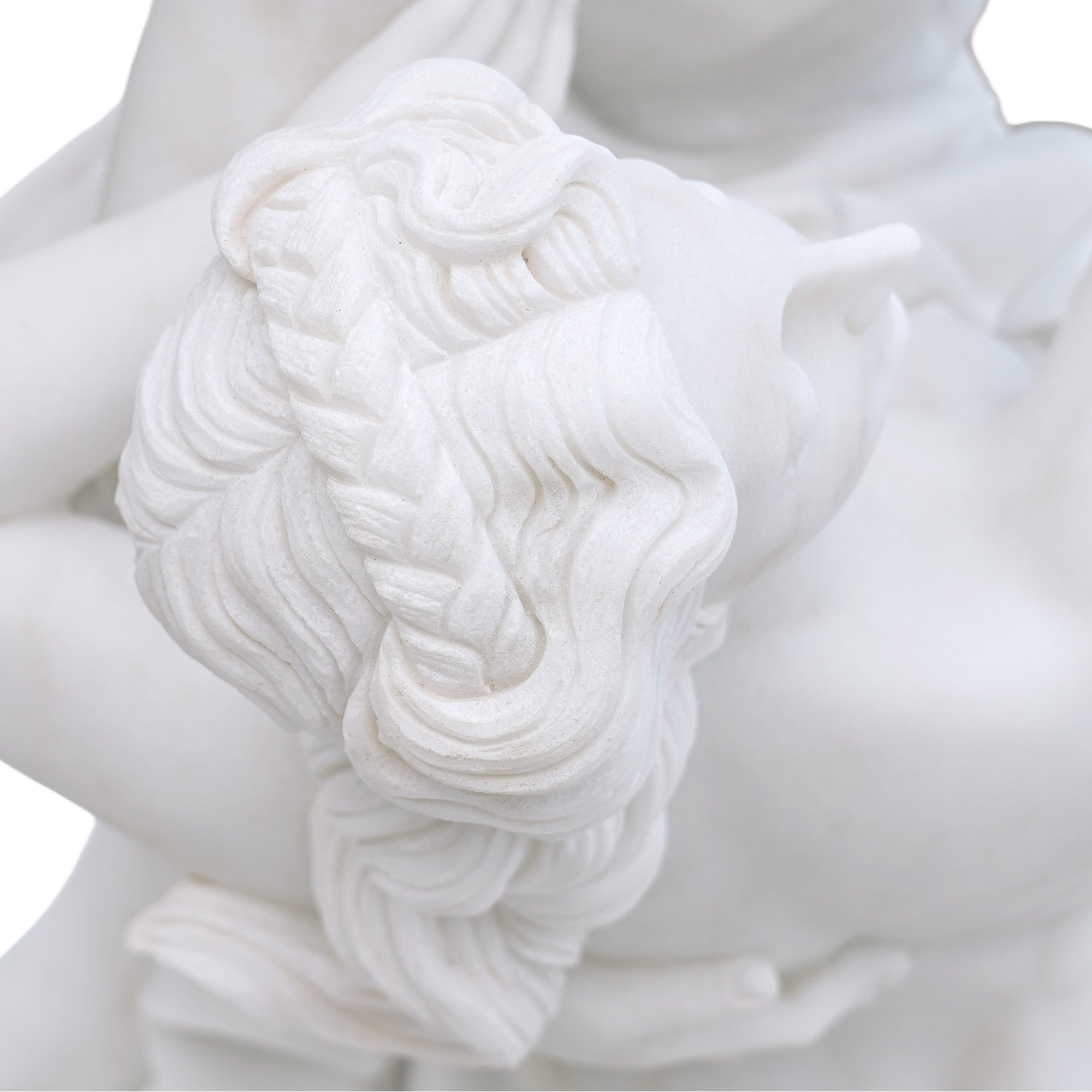 Close-up of Psyche’s braided hair carving, showcasing the precision of the marble sculpture.