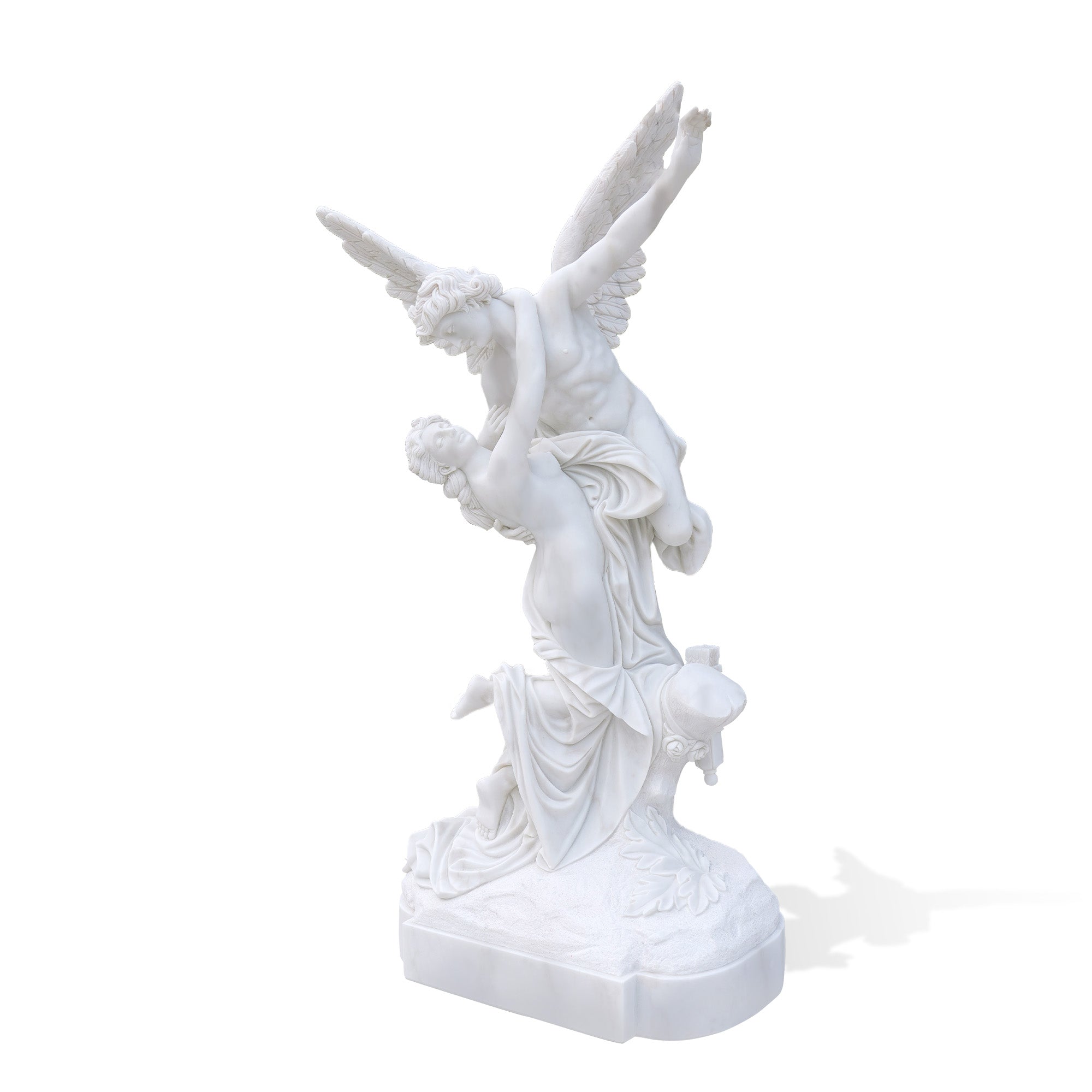 Full front view of the hand-carved white marble Cupid and Psyche statue, showing Cupid lifting Psyche in a classical mythological pose.