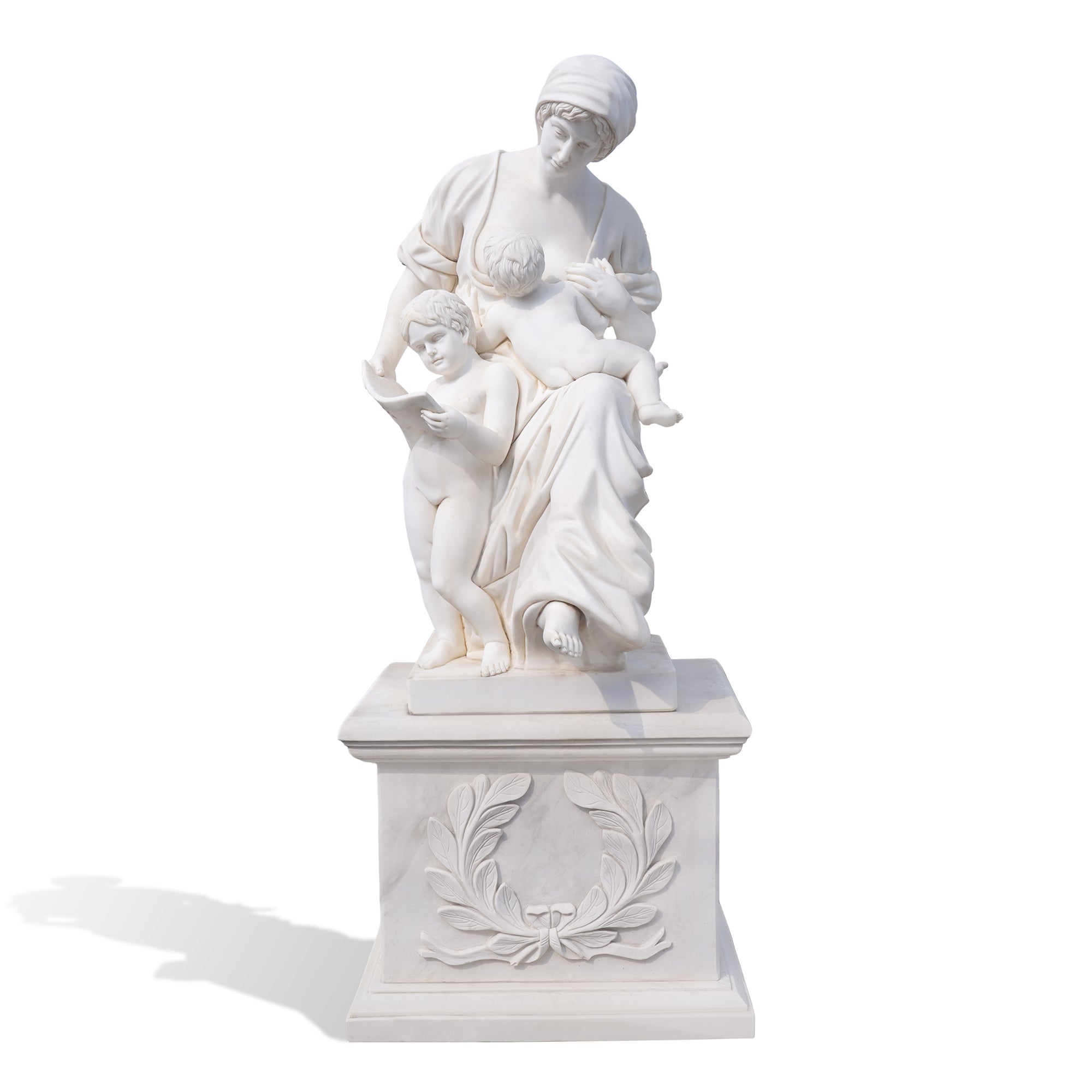hand-carved neoclassical white marble sculpture of a seated mother nurturing two children, inspired by 19th century academic art