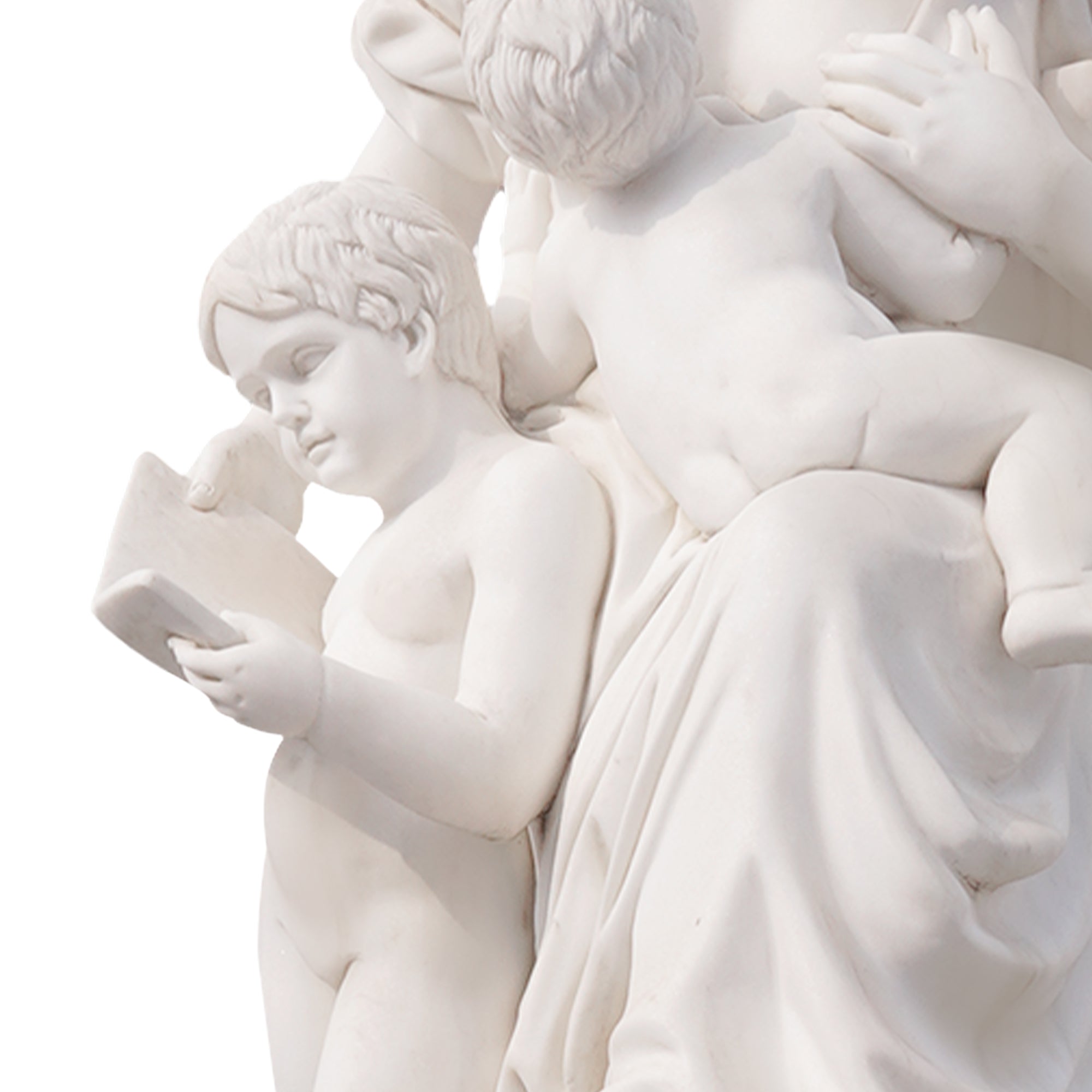 detailed carving of a child reading a book beside his mother, symbolizing learning and moral education in a marble neoclassical sculpture