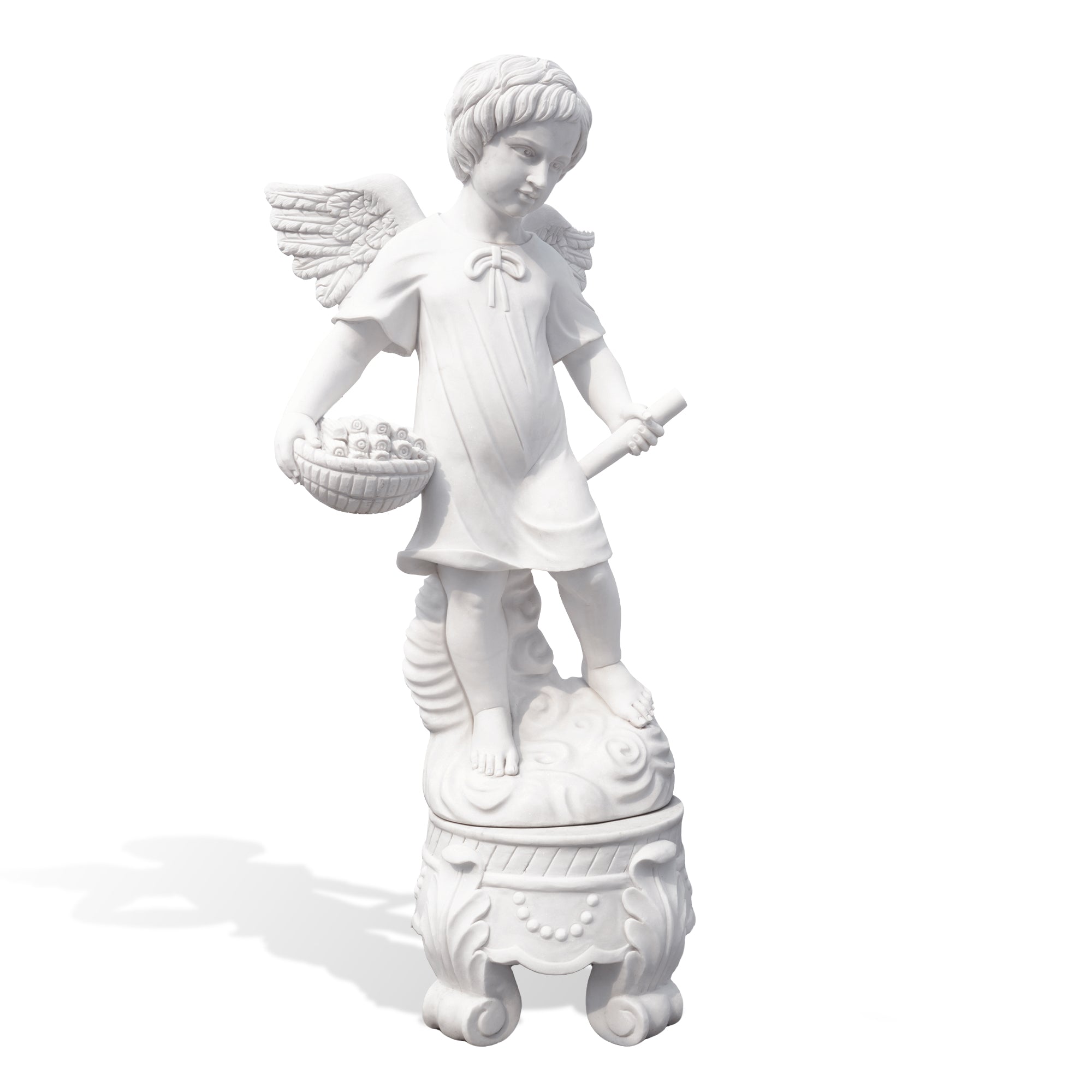White marble angel statue holding a scroll and a basket of roses, representing purity and blessings