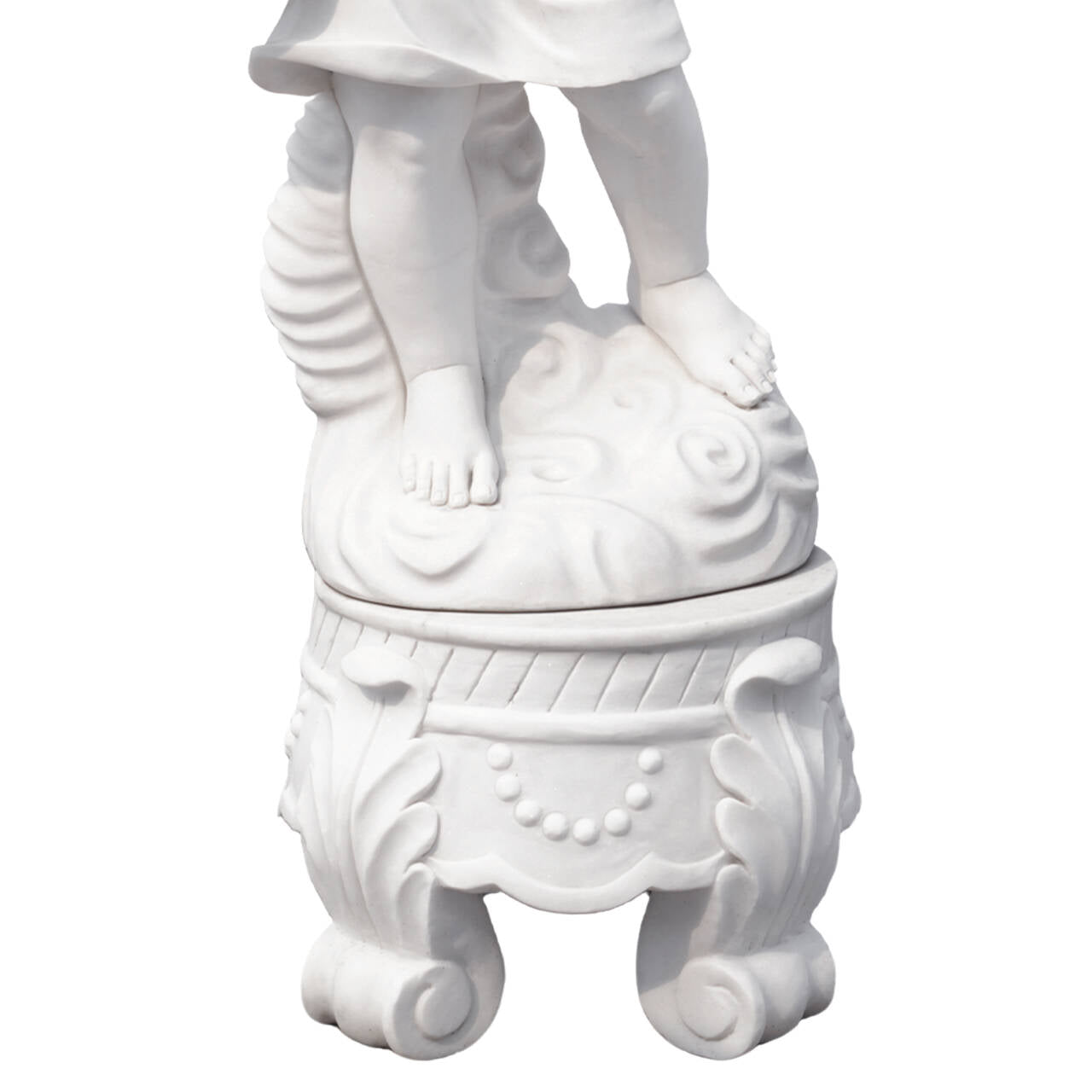Base detail of marble angel statue featuring ornate scroll patterns and classic sculptural craftsmanship