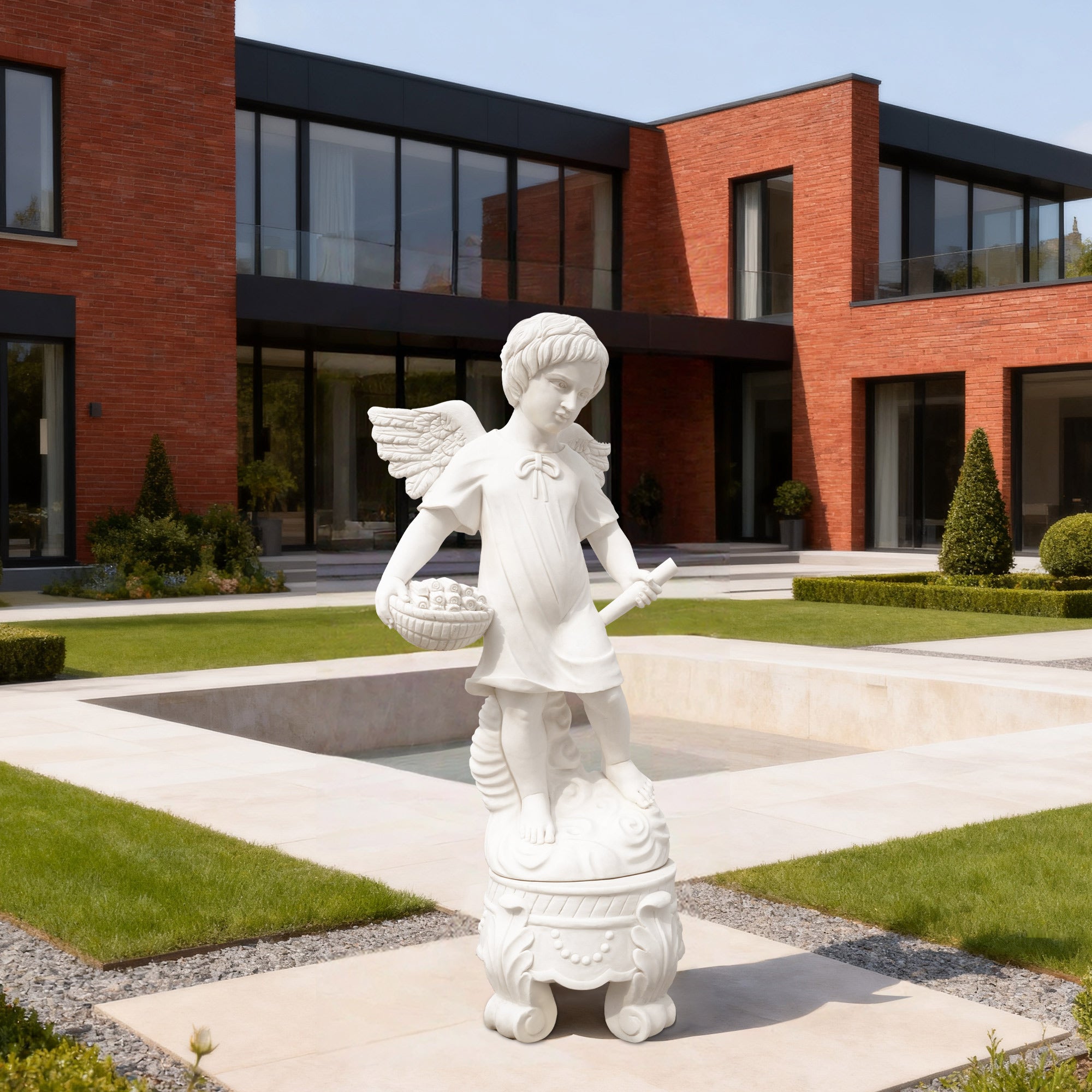 Marble angel statue installed in a contemporary villa courtyard, creating an elegant and serene focal point