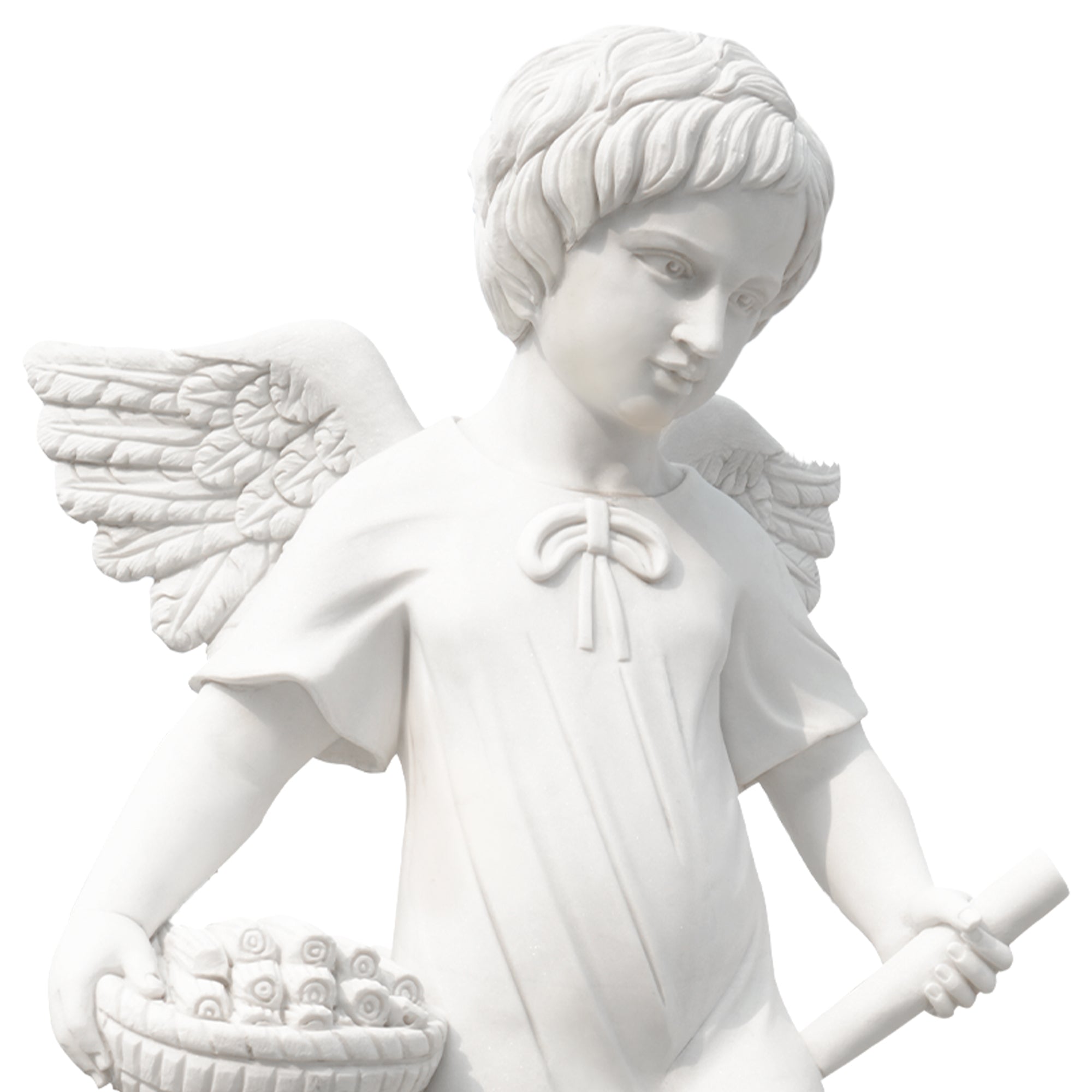 Close-up of angel statue’s serene face and detailed feathered wings carved from natural white marble