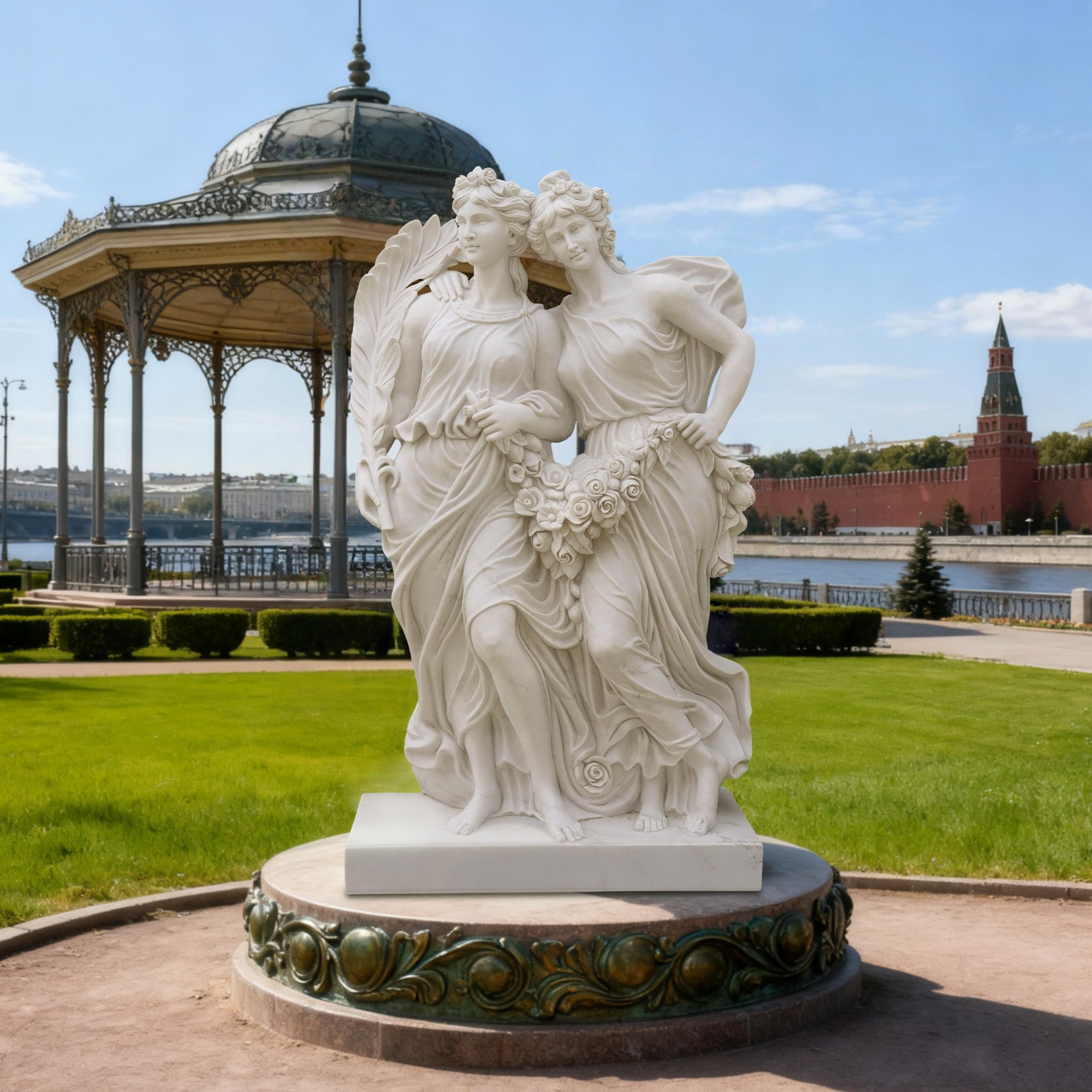 White marble sculpture of two graceful women symbolizing music and inspiration, hand-carved with harmony and tenderness.