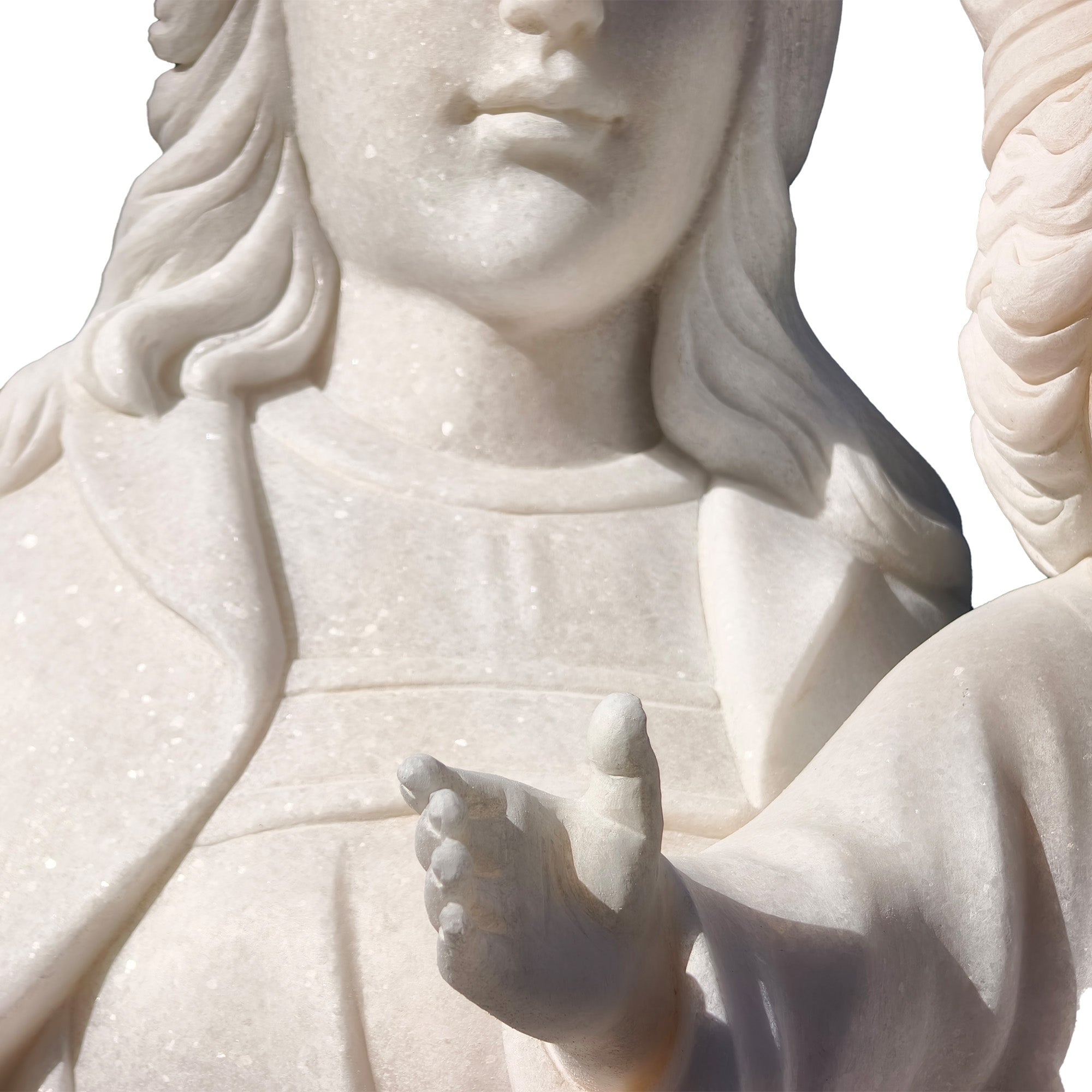 Close-up of the Virgin Mary and Child’s hand detail, carved in natural white marble to convey tenderness and blessing.