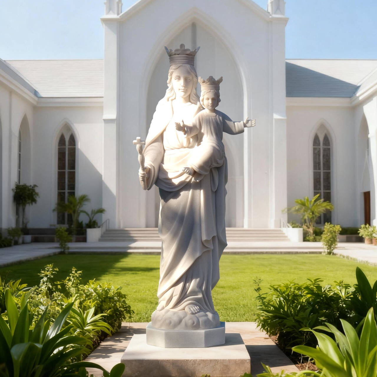 Mary Help of Christians marble statue installed in a church courtyard, radiating peace and devotion under natural light.