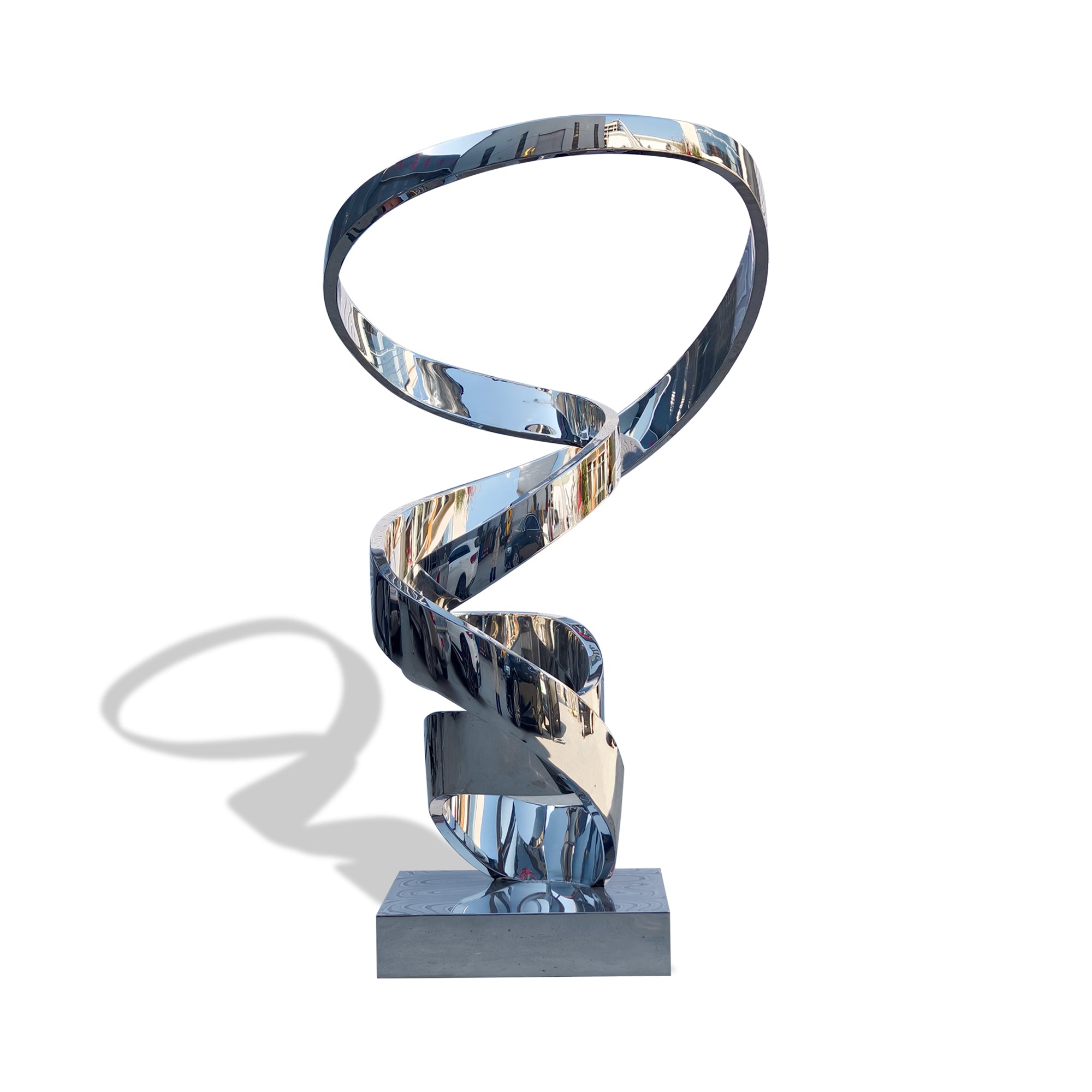Contemporary stainless steel sculpture, spiraling form.