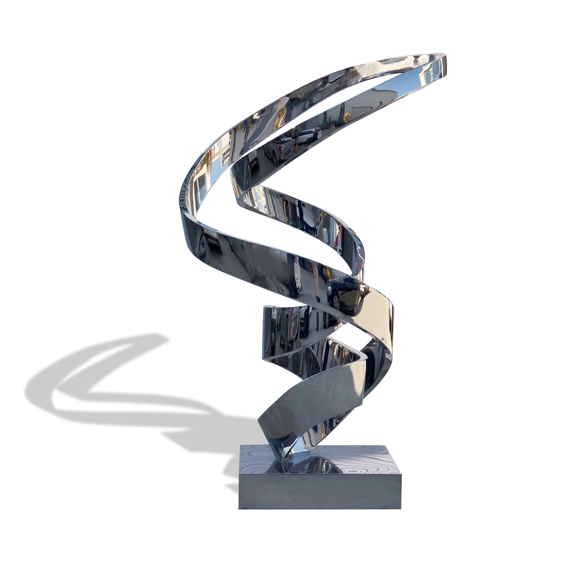 Reflective stainless steel sculpture with spiral motion.