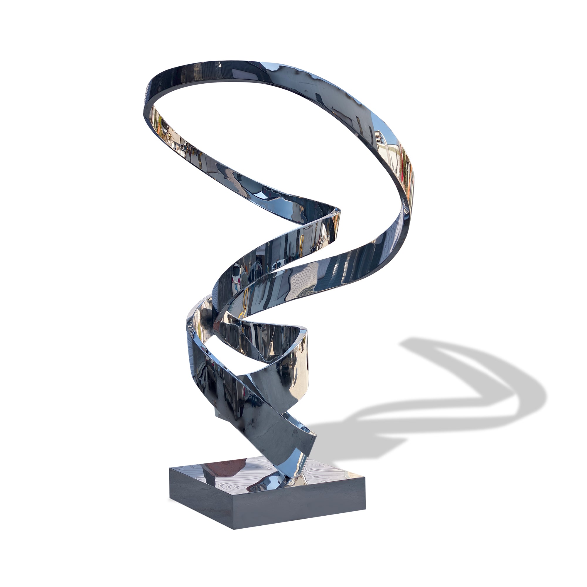 Twisted stainless steel mirror sculpture, modern abstract design.
