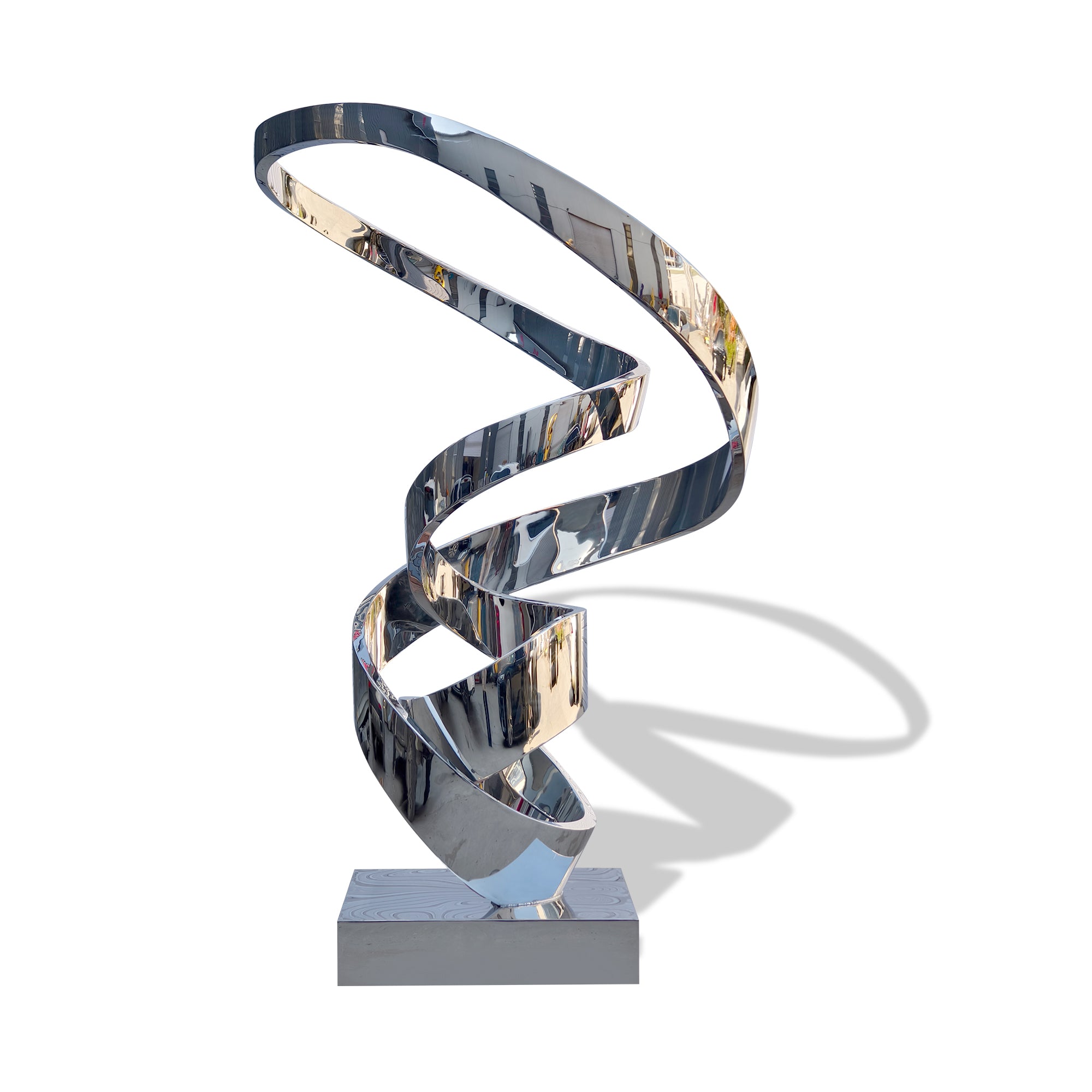 Stainless steel mirror sculpture with twisted spiral design.