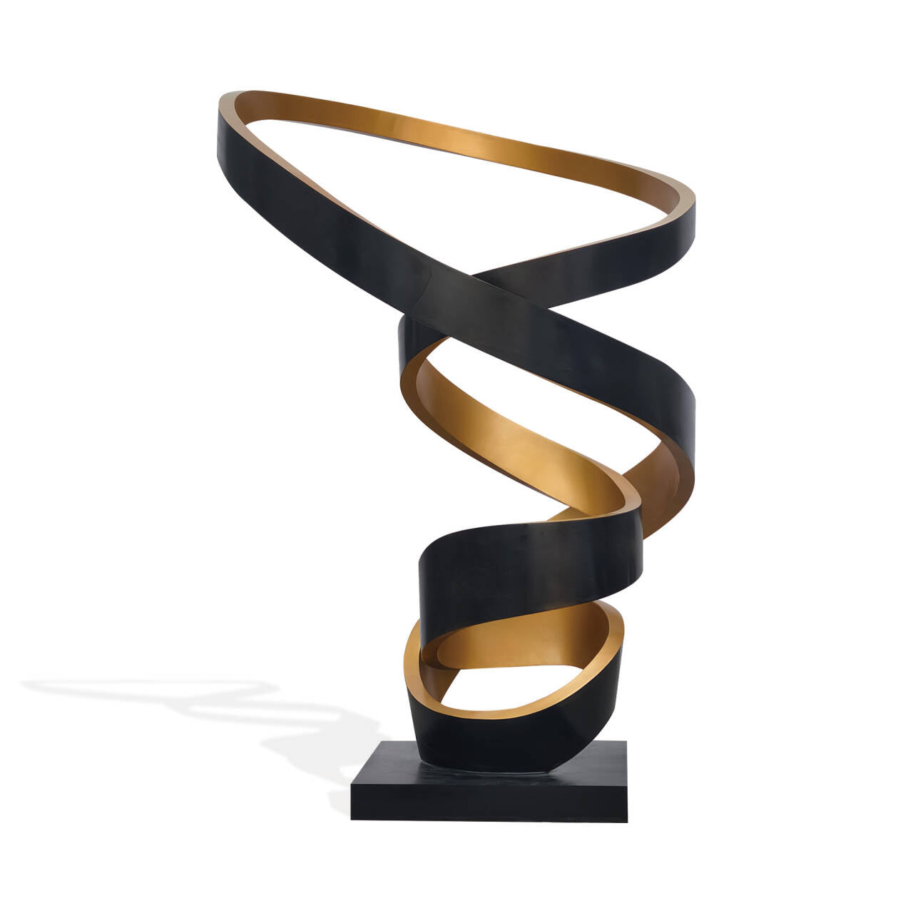 Contemporary black and gold painted stainless steel sculpture in a flowing spiral shape.
