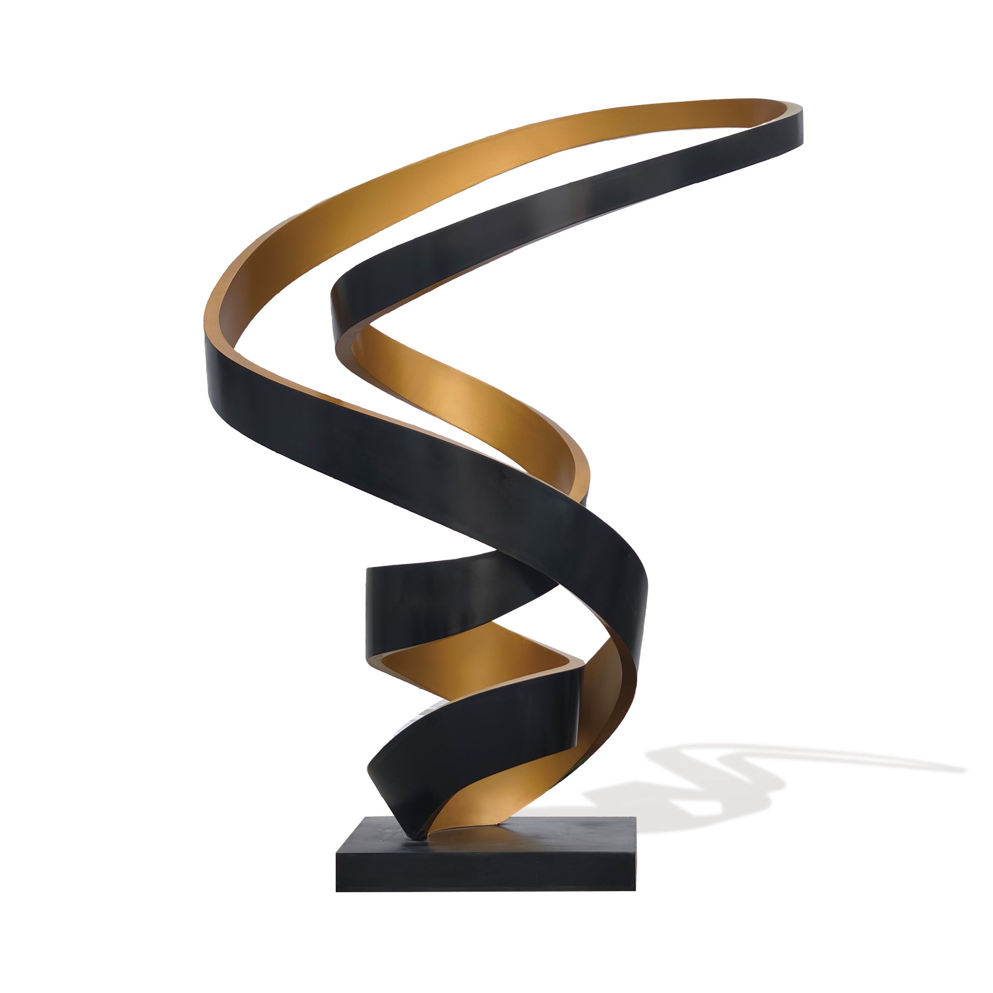 Modern black and gold painted stainless steel sculpture with an abstract spiral form.