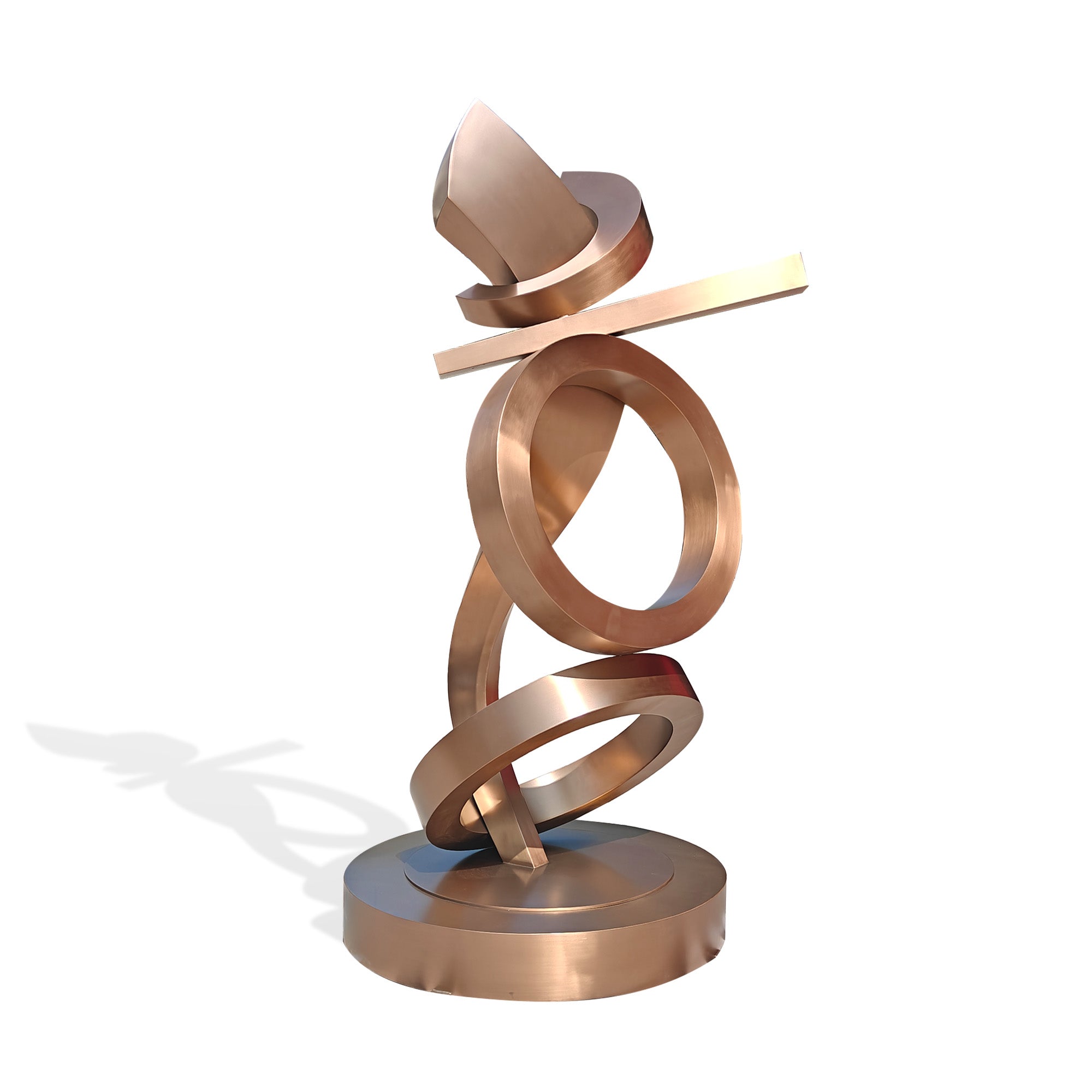 Front view of rose gold hairline stainless steel abstract ring sculpture, modern indoor statement art on round base, white background product photo.
