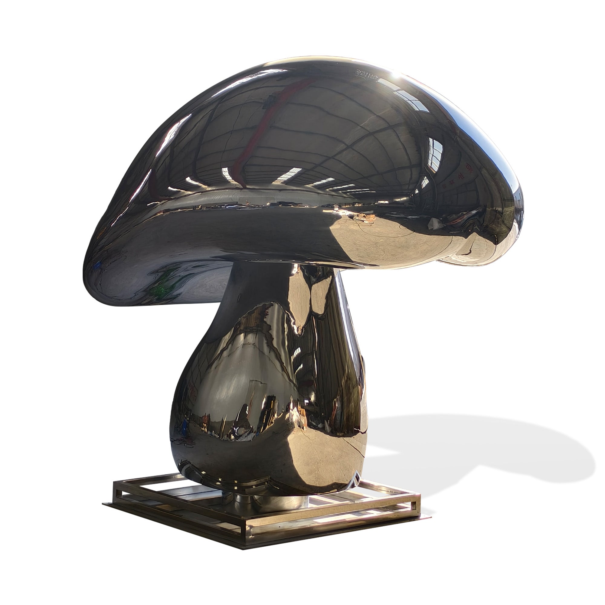 Oversized mirror stainless steel mushroom garden sculpture, custom large outdoor lawn artwork with reflective surface on steel base.