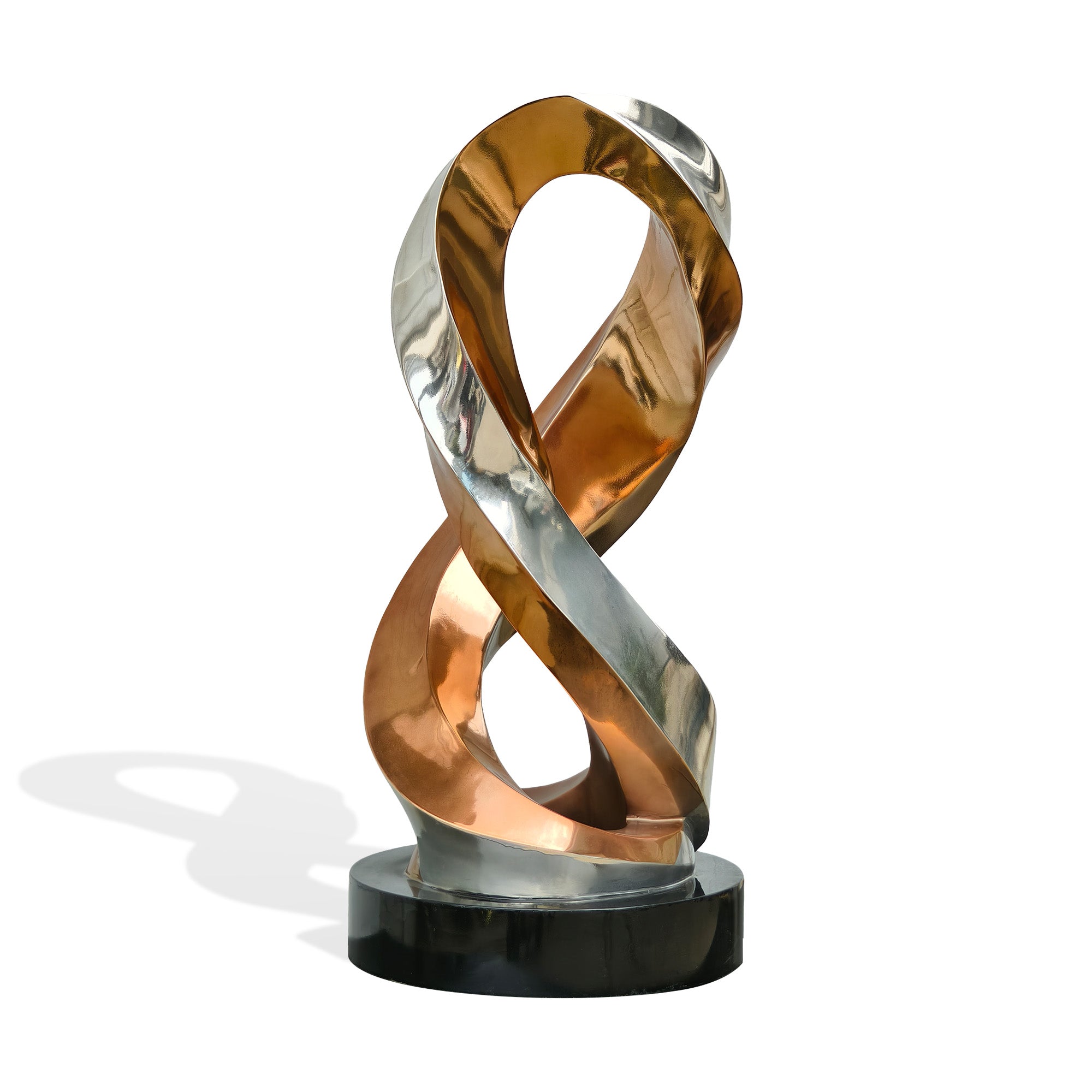 Electroplated stainless steel abstract infinity loop sculpture with silver and rose-gold tones, back view on black base for luxury interior styling, white background.