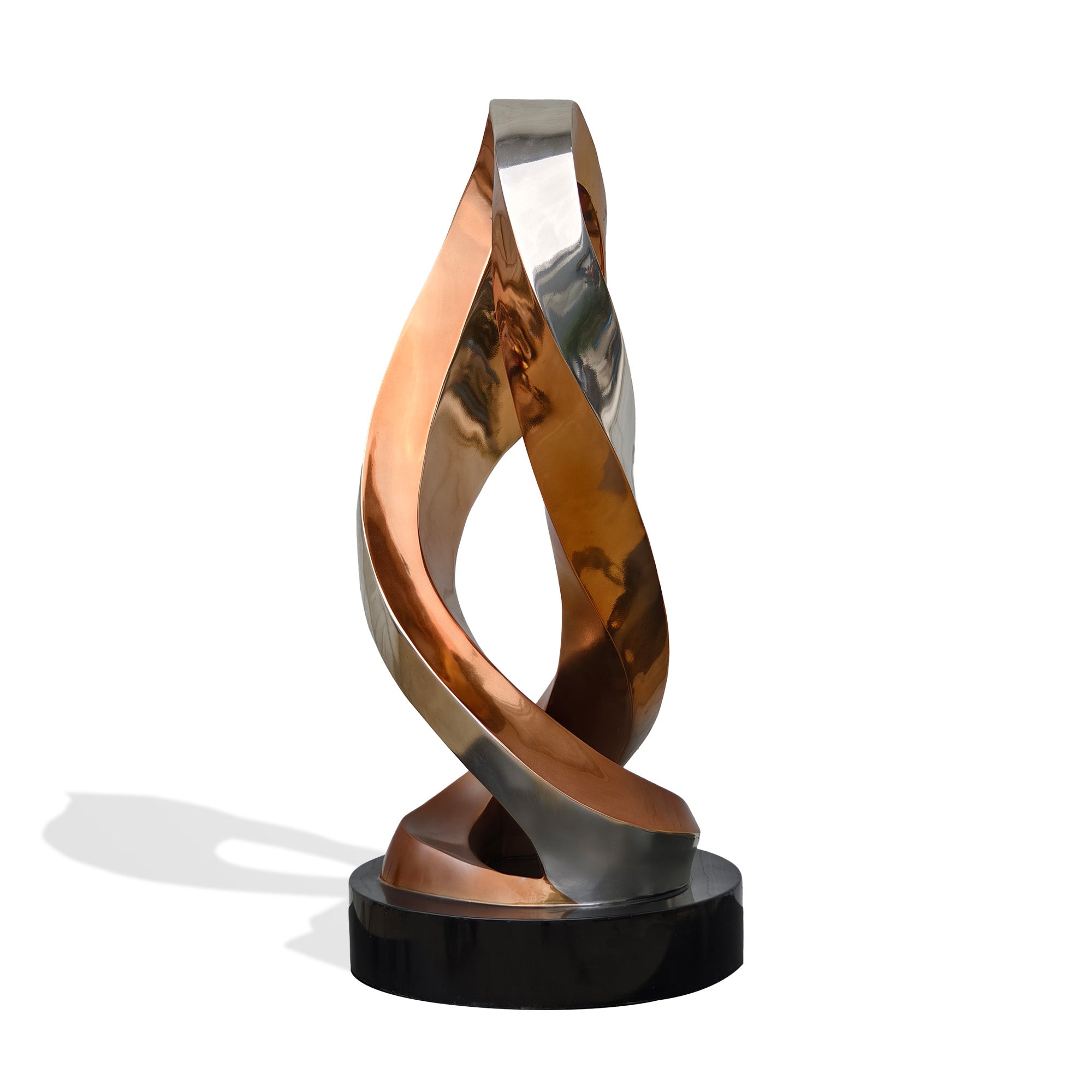 Two-tone electroplated stainless steel abstract twist ribbon sculpture (silver and rose gold) for hotel lobby or luxury home interior, white background.