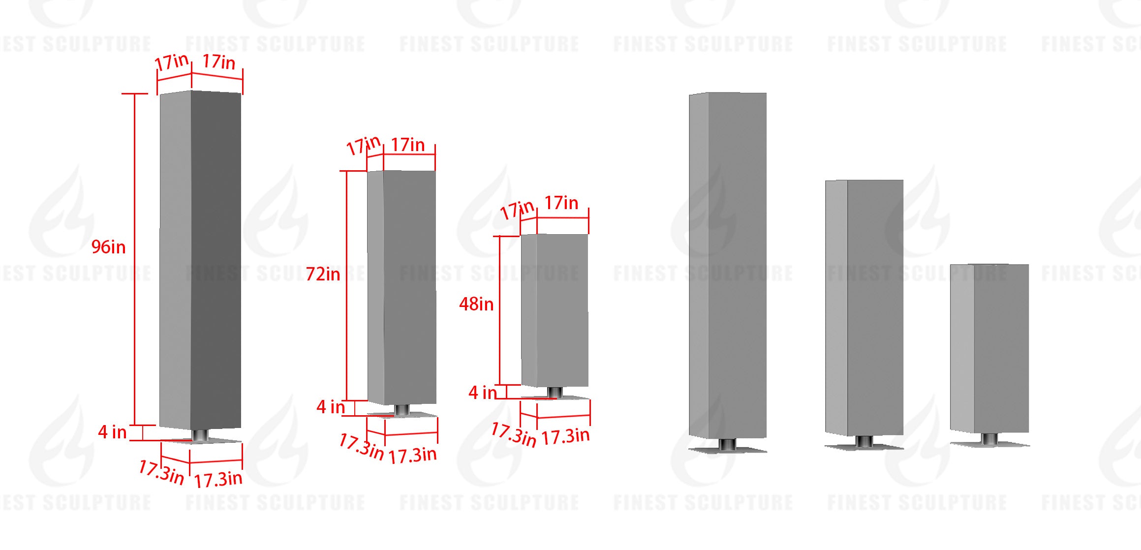 3D dimension drawing of Mirrored Distances lawn sculpture set, showing three mirror stainless steel columns with heights of 96 inches, 72 inches, and 48 inches, each with a 17 inch square profile and base mounting details for outdoor installation.