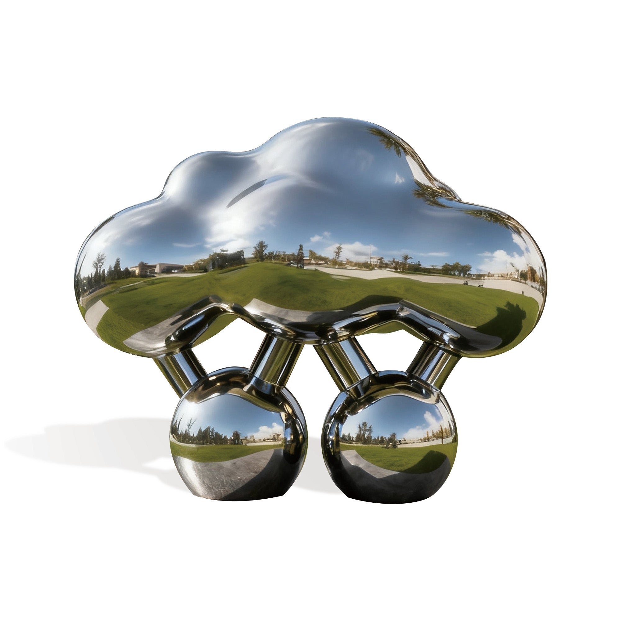 Full view of a modern cloud sculpture made of polished stainless steel, showcasing reflective surfaces and contemporary design.