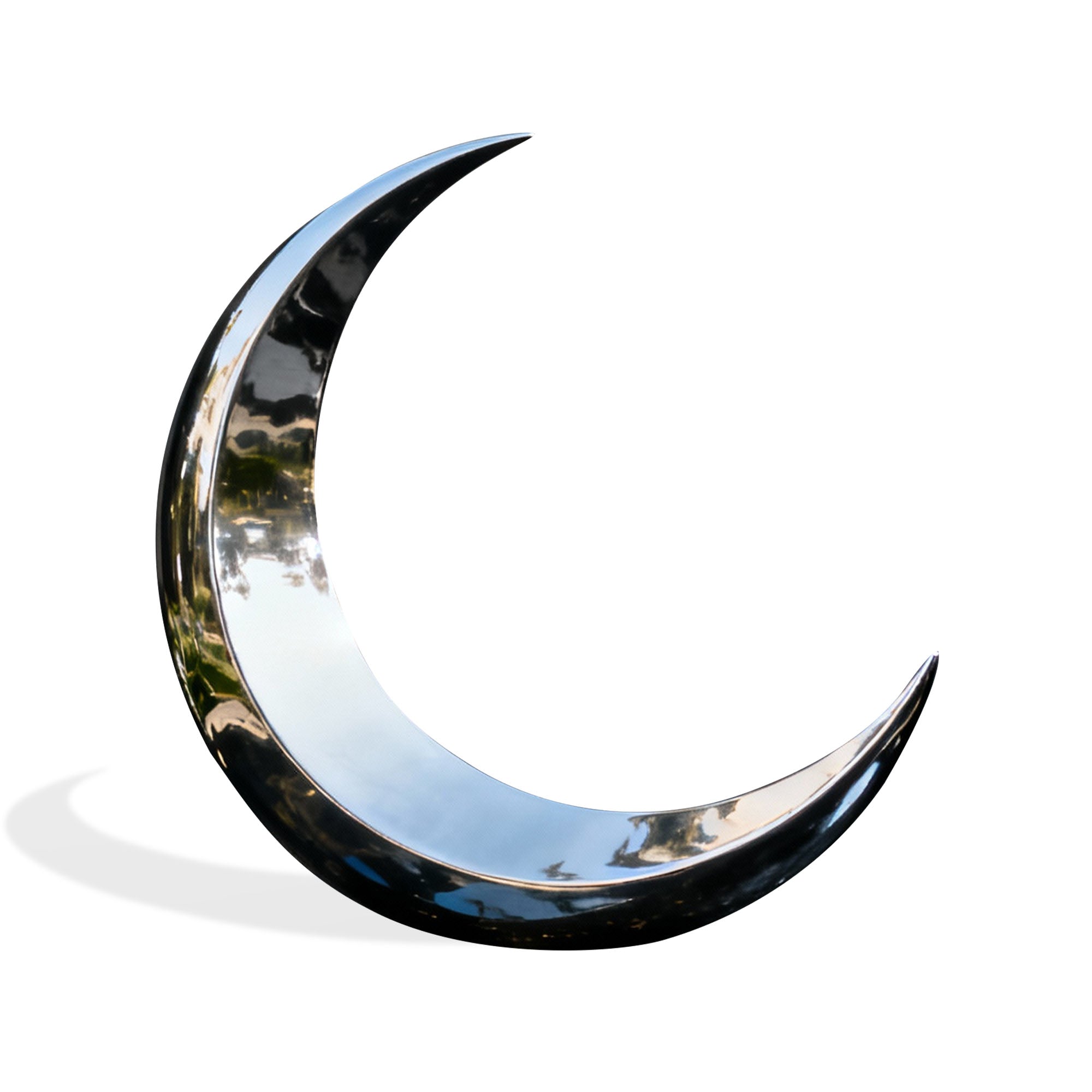 Mirror stainless steel crescent moon sculpture, modern outdoor garden art statement piece