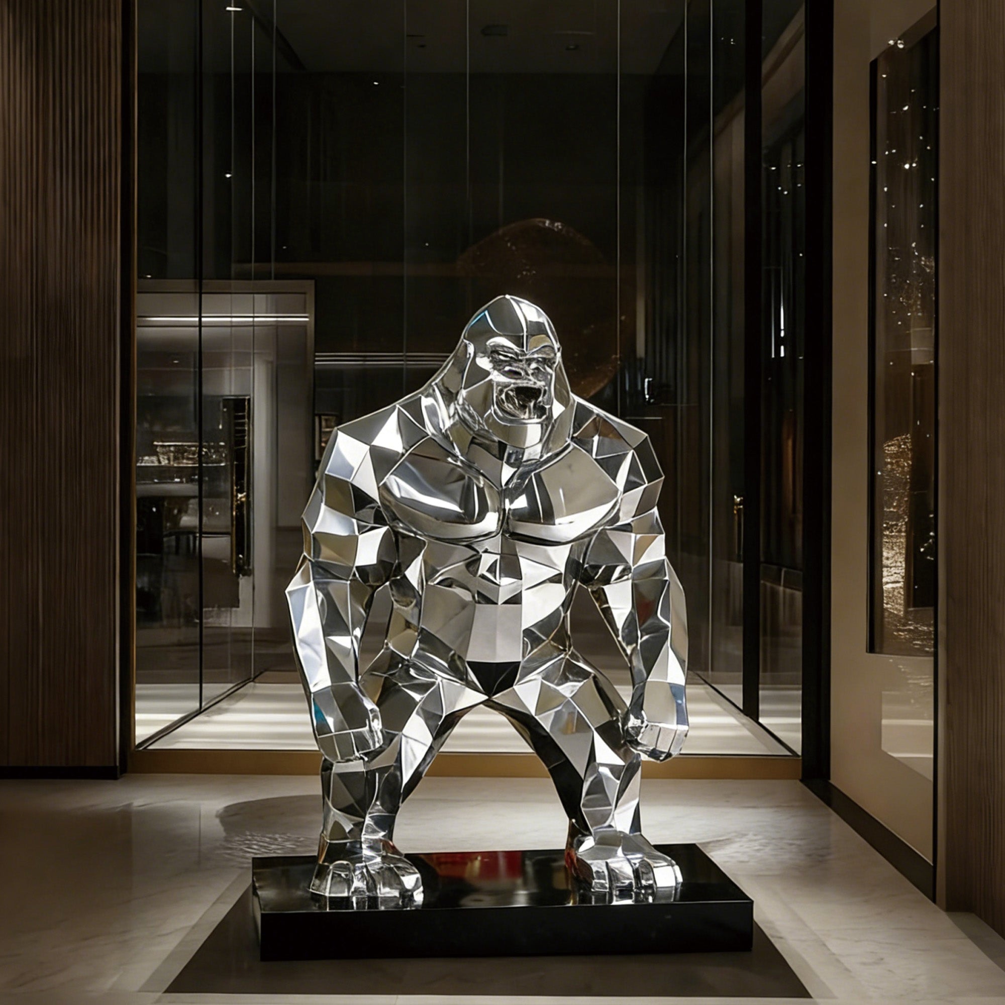Mirror polished stainless steel gorilla sculpture, large-scale and life-sized, perfect for adding power and sophistication to luxury gardens, modern courtyards, and art galleries.