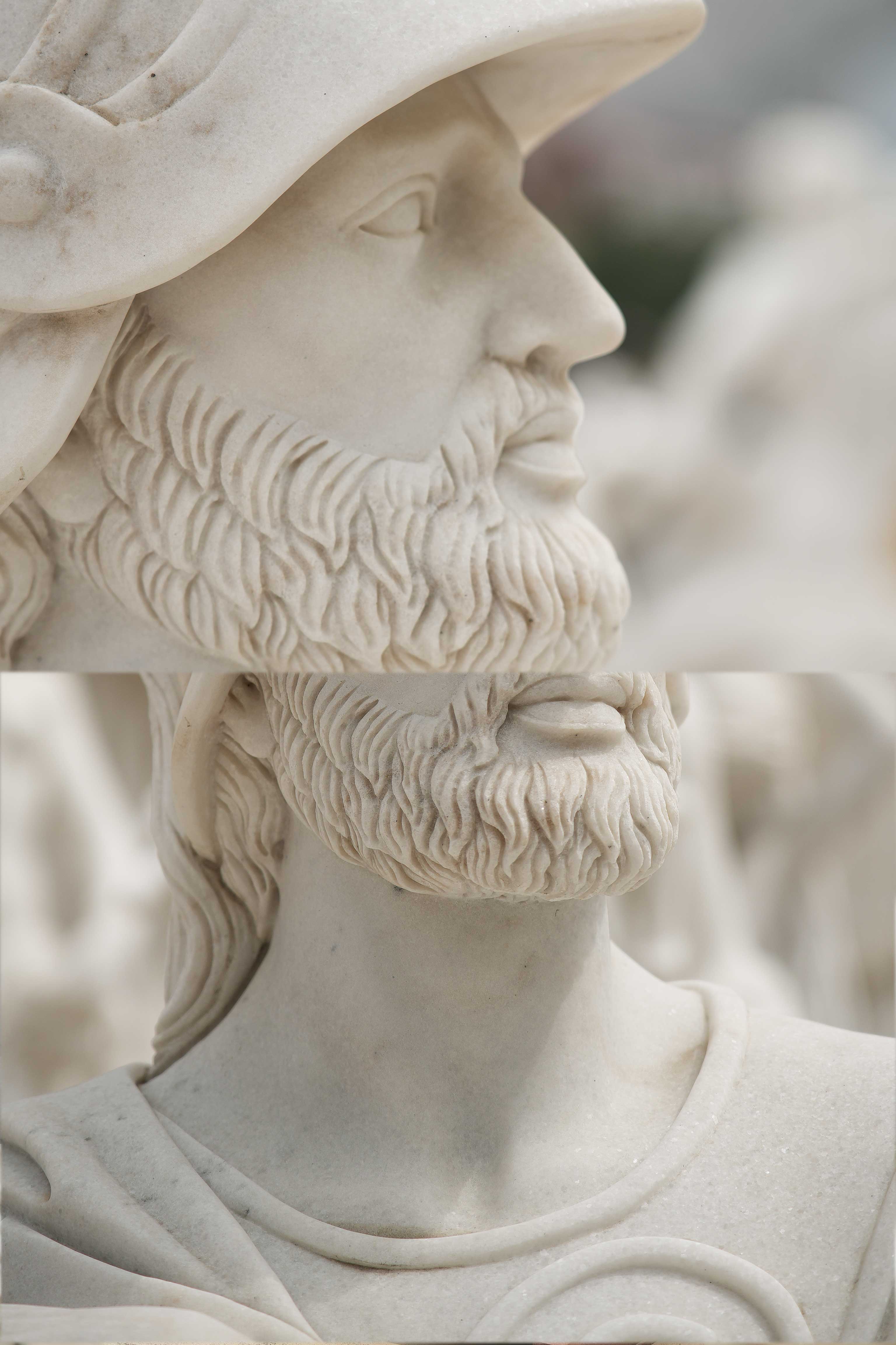 Marble statue of a Roman warrior with detailed armor, standing confidently among other classical sculptures in an outdoor setting