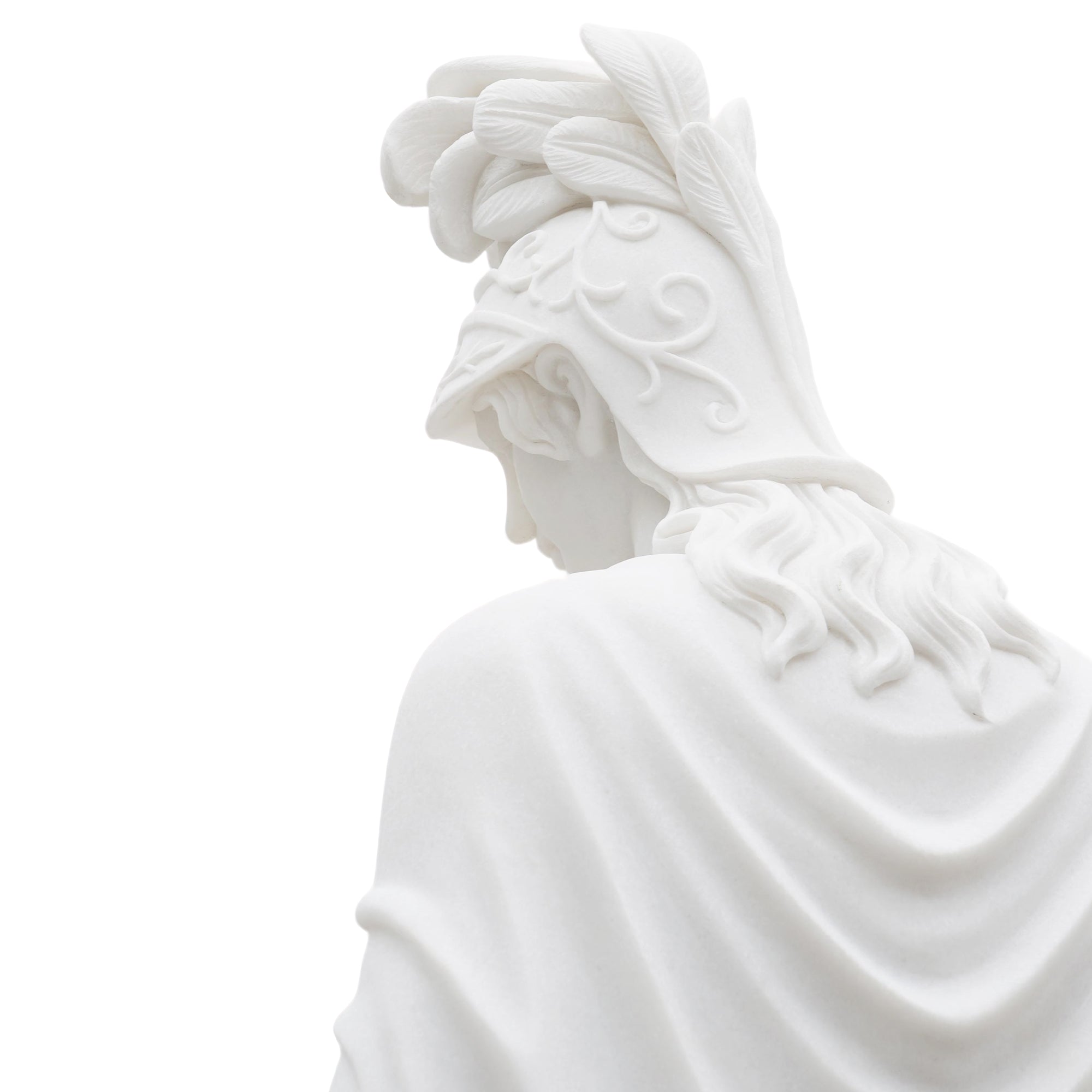 back view of minerva helmet plume and hair carving in fine white marble