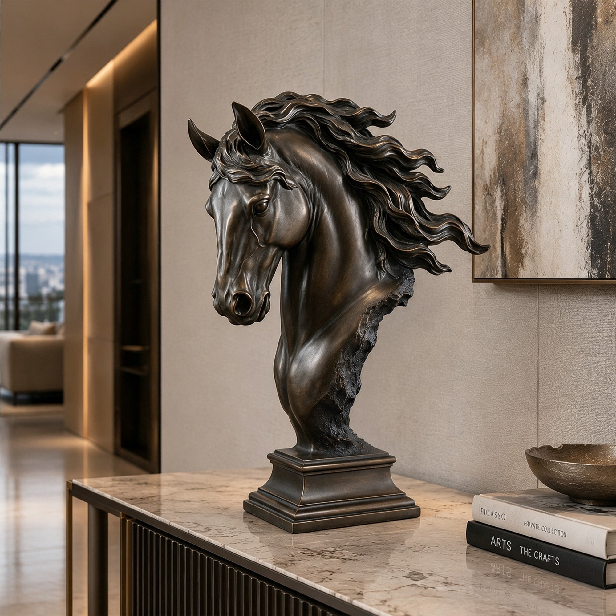 Sculptural bronze horse bust presented on a marble console in a contemporary luxury interior, with flowing mane, strong anatomical contours and a deep antique bronze patina.