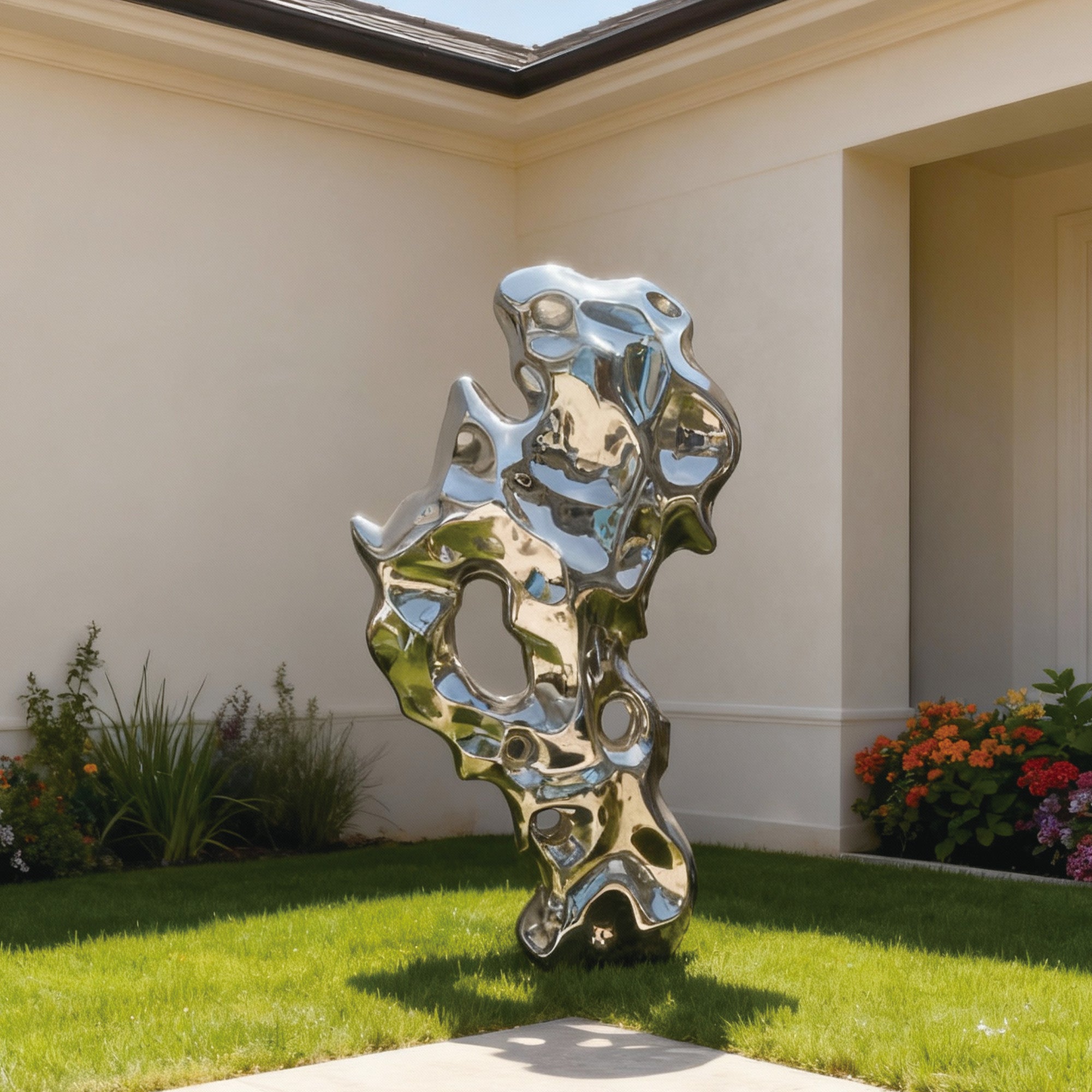 A polished mirror finish stainless steel abstract sculpture in a garden