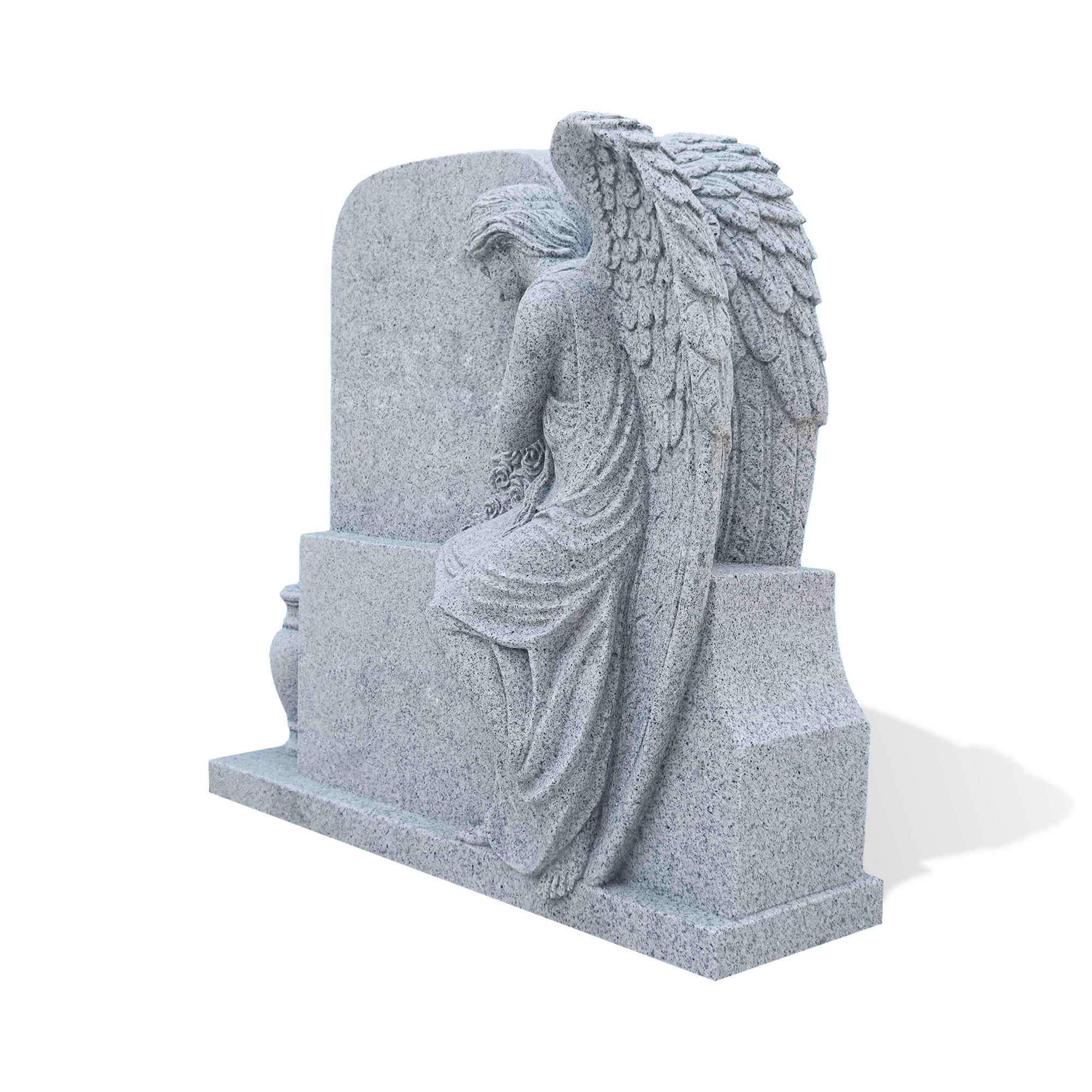Angle rear view of the grey granite angel headstone showing the detailed carved wings and solid granite back